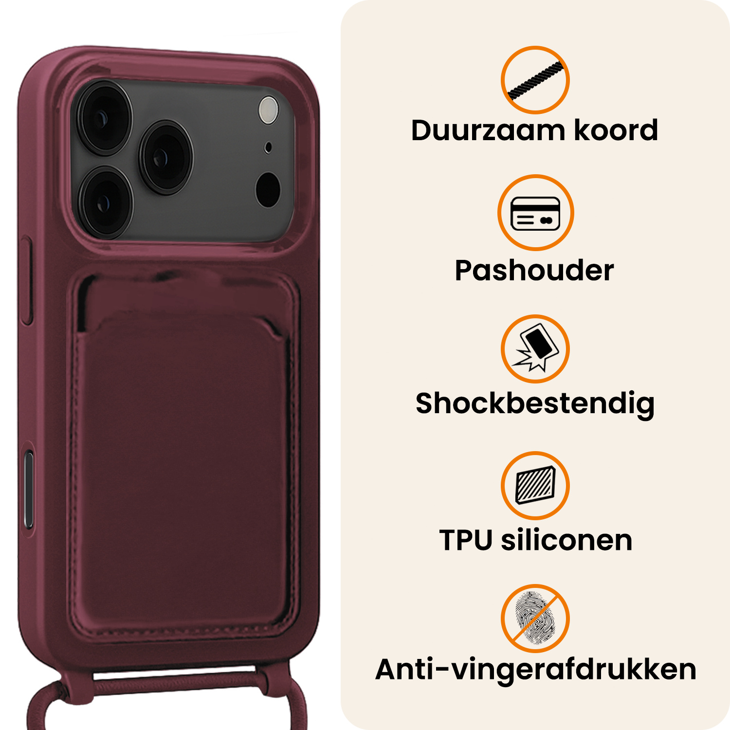 Nomfy Nomfy iPhone 17 Pro Hoesje Pashouder met Koord - Aubergine
