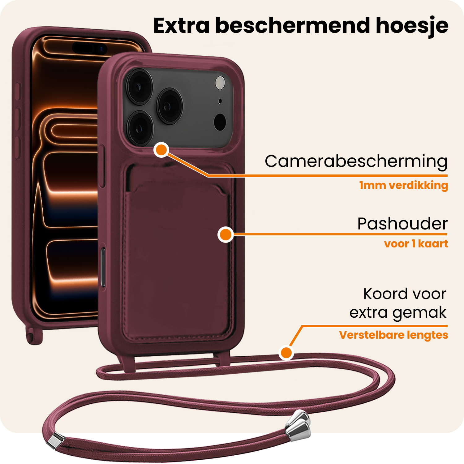 Nomfy Nomfy iPhone 17 Pro Hoesje Pashouder met Koord - Aubergine - 2 PACK