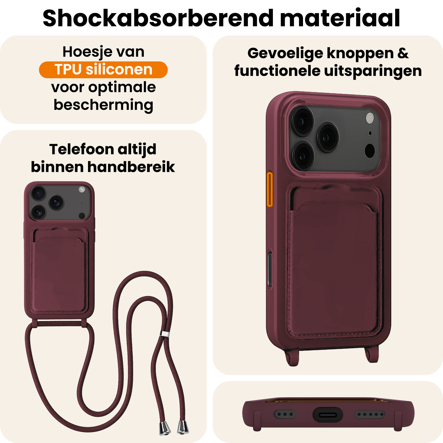 Nomfy Nomfy iPhone 17 Pro Hoesje Pashouder met Koord - Aubergine - 2 PACK