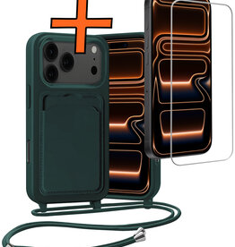 Nomfy Nomfy iPhone 17 Pro Hoesje Pashouder met Koord Met Screenprotector - Donkergroen
