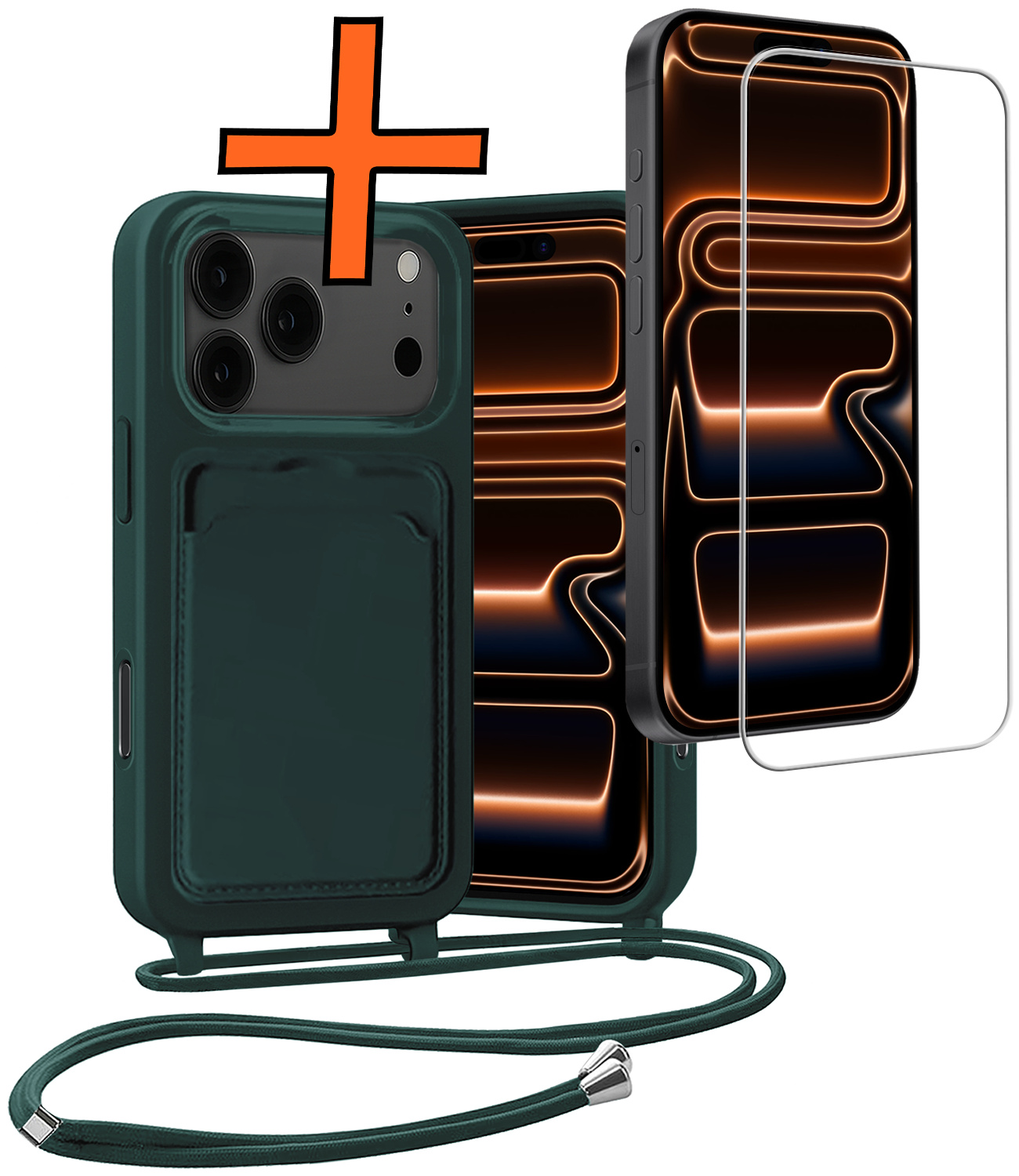 Nomfy Nomfy iPhone 17 Pro Hoesje Pashouder met Koord Met Screenprotector - Donkergroen