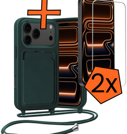 Nomfy Nomfy iPhone 17 Pro Hoesje Pashouder met Koord Met 2x Screenprotector - Donkergroen