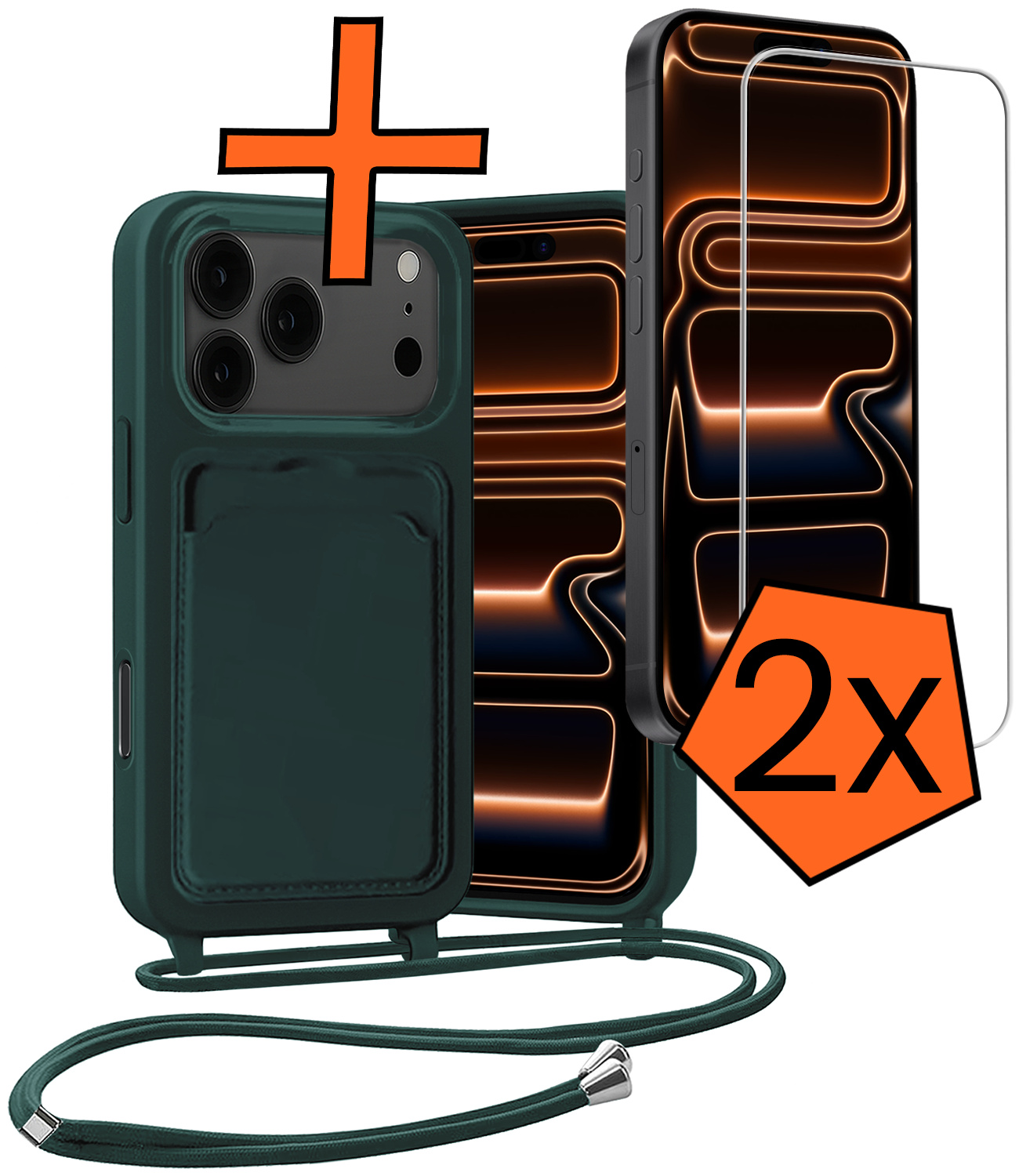 Nomfy Nomfy iPhone 17 Pro Hoesje Pashouder met Koord Met 2x Screenprotector - Donkergroen