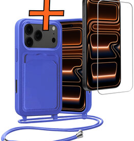 Nomfy Nomfy iPhone 17 Pro Hoesje Pashouder met Koord Met Screenprotector - Fel Blauw