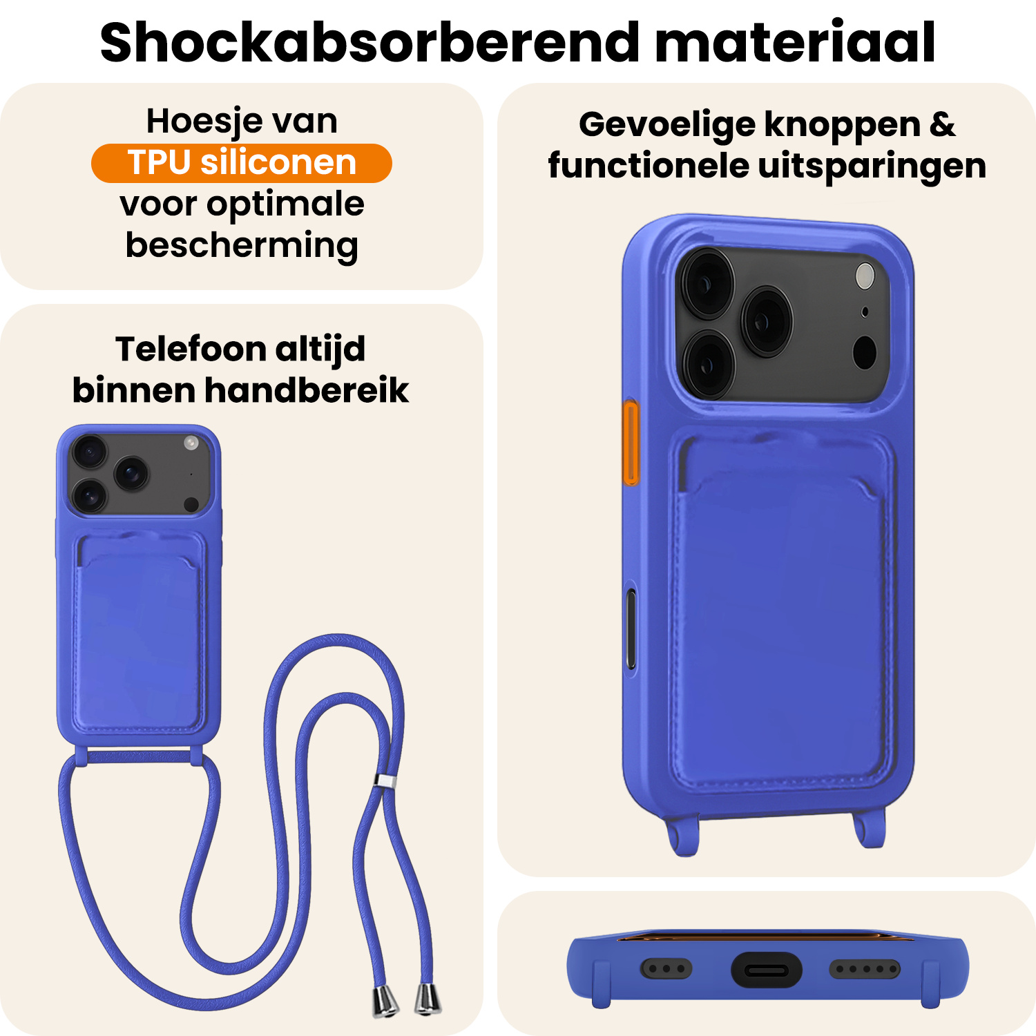 Nomfy Nomfy iPhone 17 Pro Hoesje Pashouder met Koord Met 2x Screenprotector - Fel Blauw