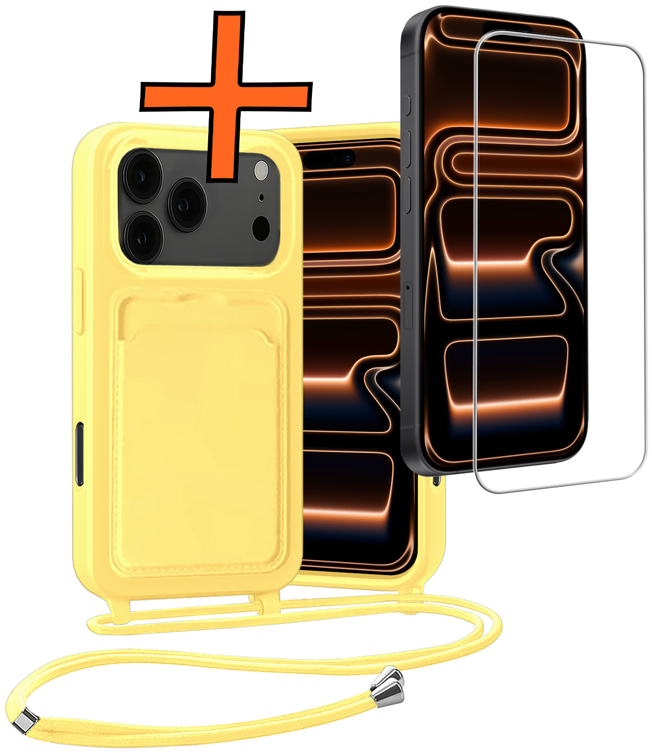 Nomfy Nomfy iPhone 17 Pro Hoesje Pashouder met Koord Met Screenprotector - Geel