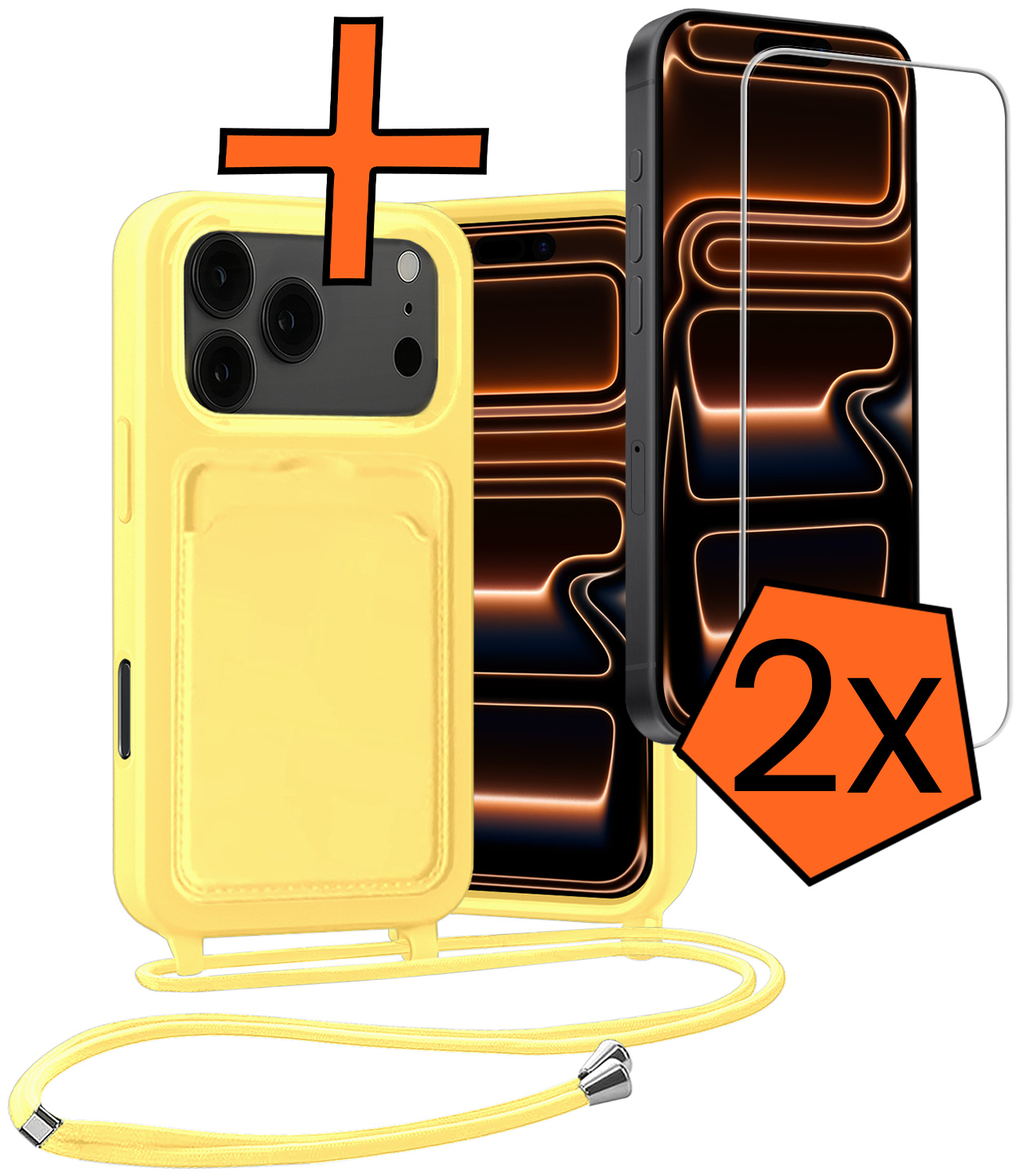 Nomfy Nomfy iPhone 17 Pro Hoesje Pashouder met Koord Met 2x Screenprotector - Geel
