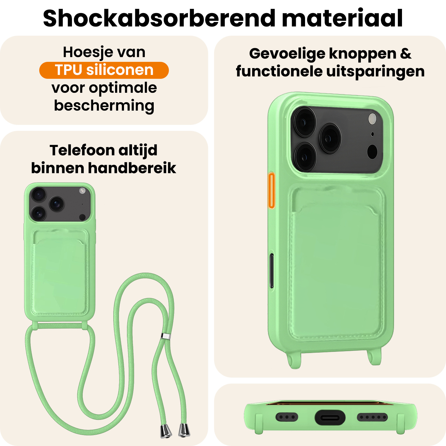 Nomfy Nomfy iPhone 17 Pro Hoesje Pashouder met Koord Met Screenprotector - Groen