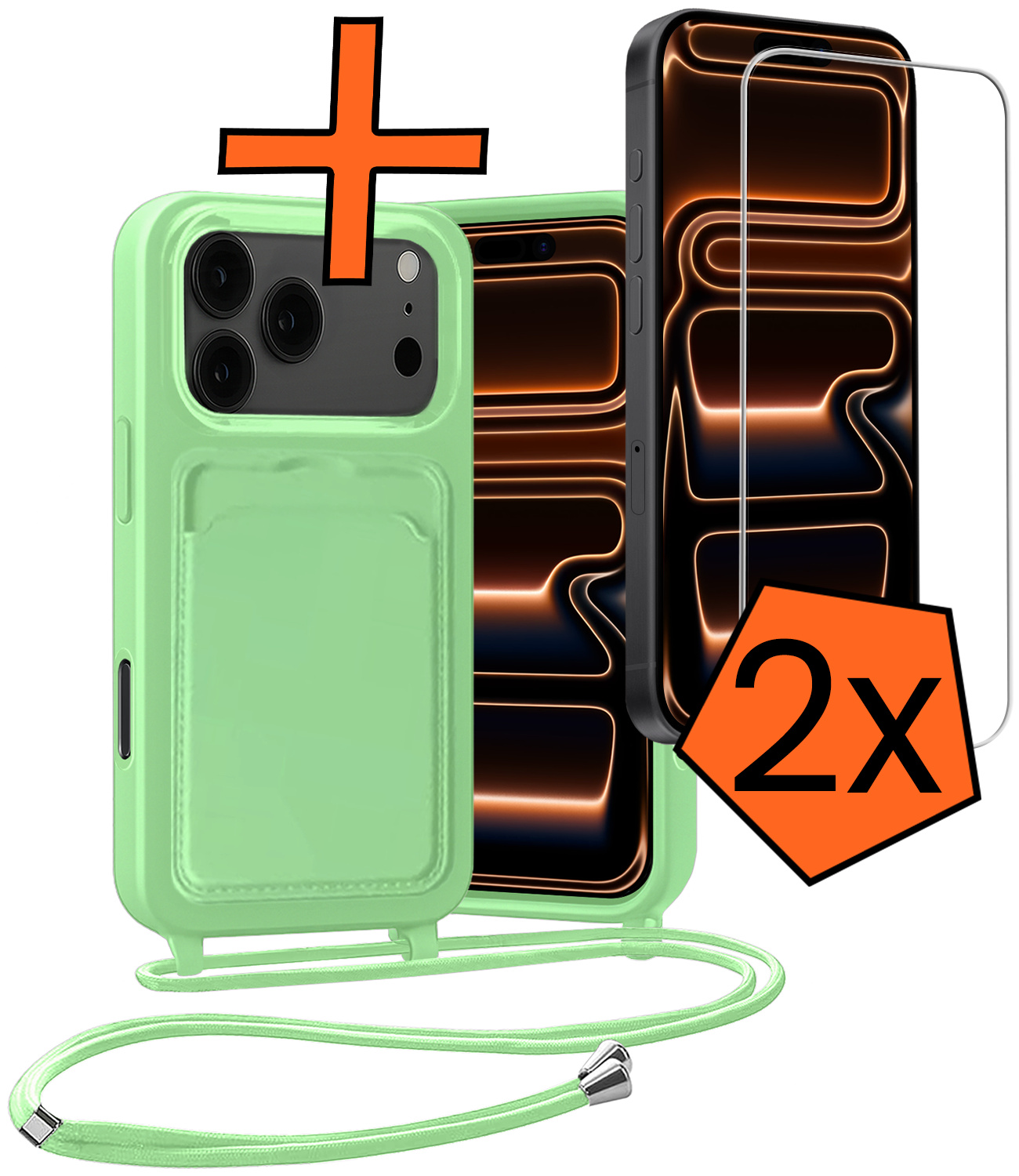 Nomfy Nomfy iPhone 17 Pro Hoesje Pashouder met Koord Met 2x Screenprotector - Groen