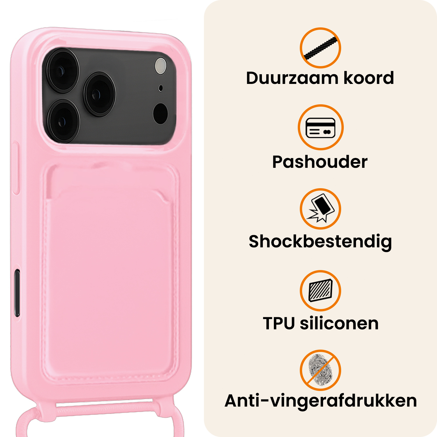Nomfy Nomfy iPhone 17 Pro Hoesje Pashouder met Koord - Lichtroze