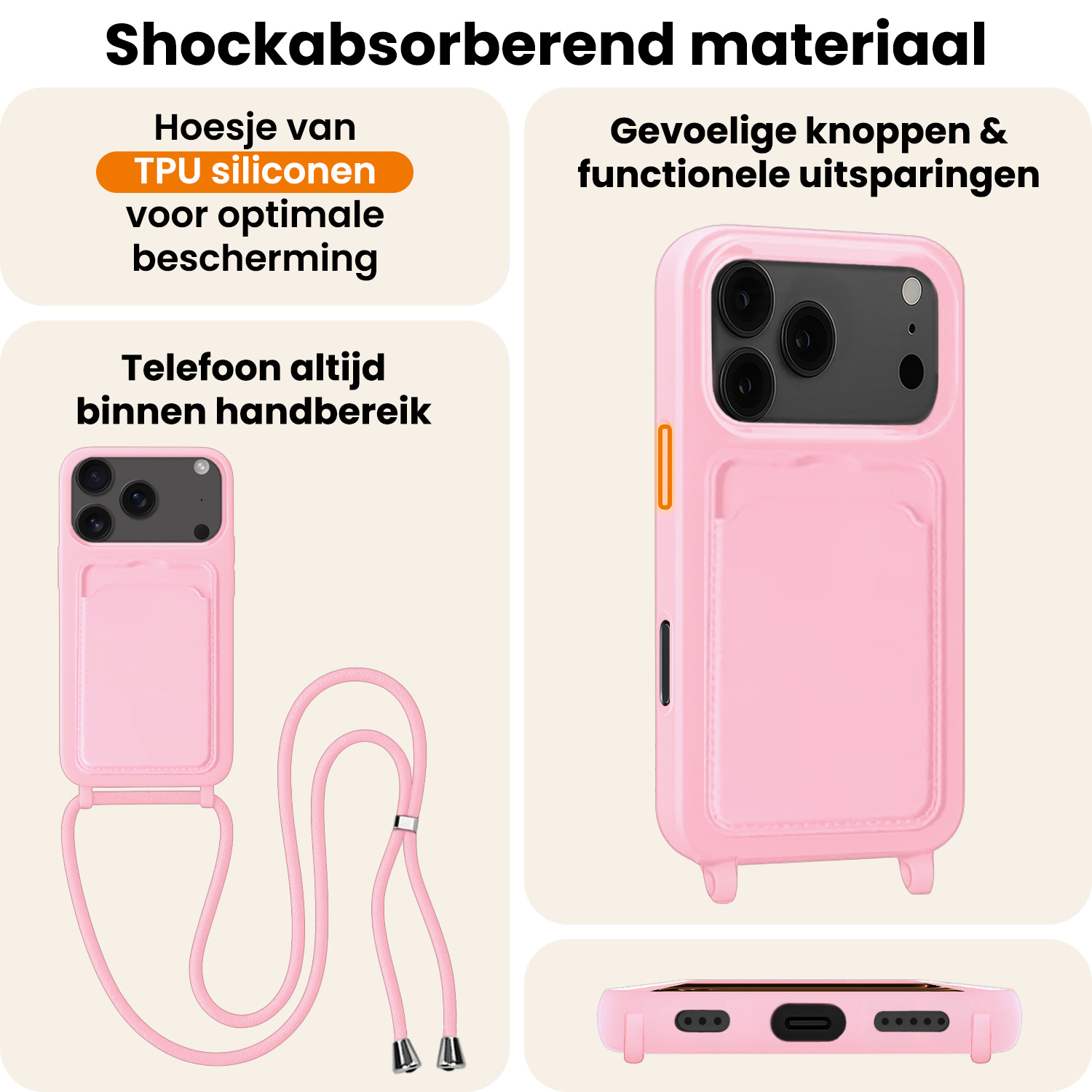 Nomfy Nomfy iPhone 17 Pro Hoesje Pashouder met Koord Met Screenprotector - Lichtroze