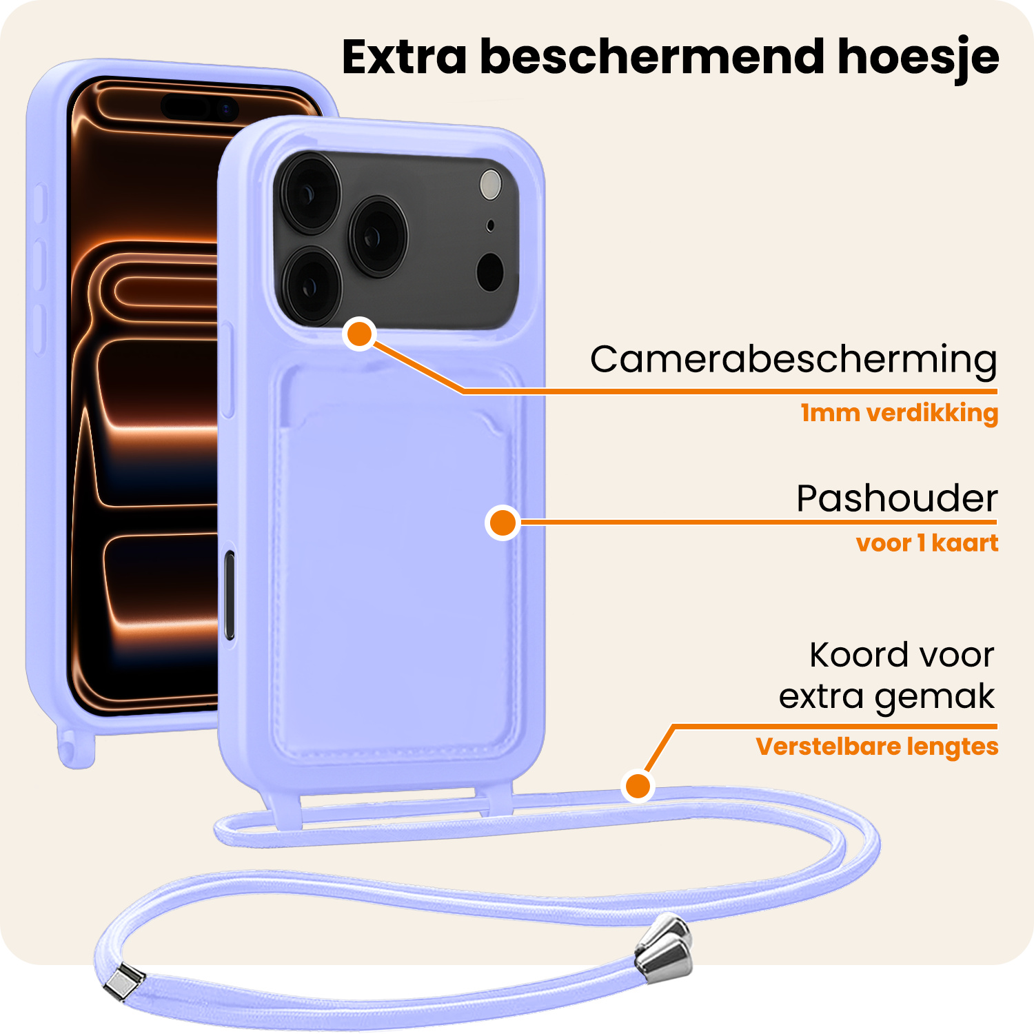 Nomfy Nomfy iPhone 17 Pro Hoesje Pashouder met Koord Met Screenprotector - Lila