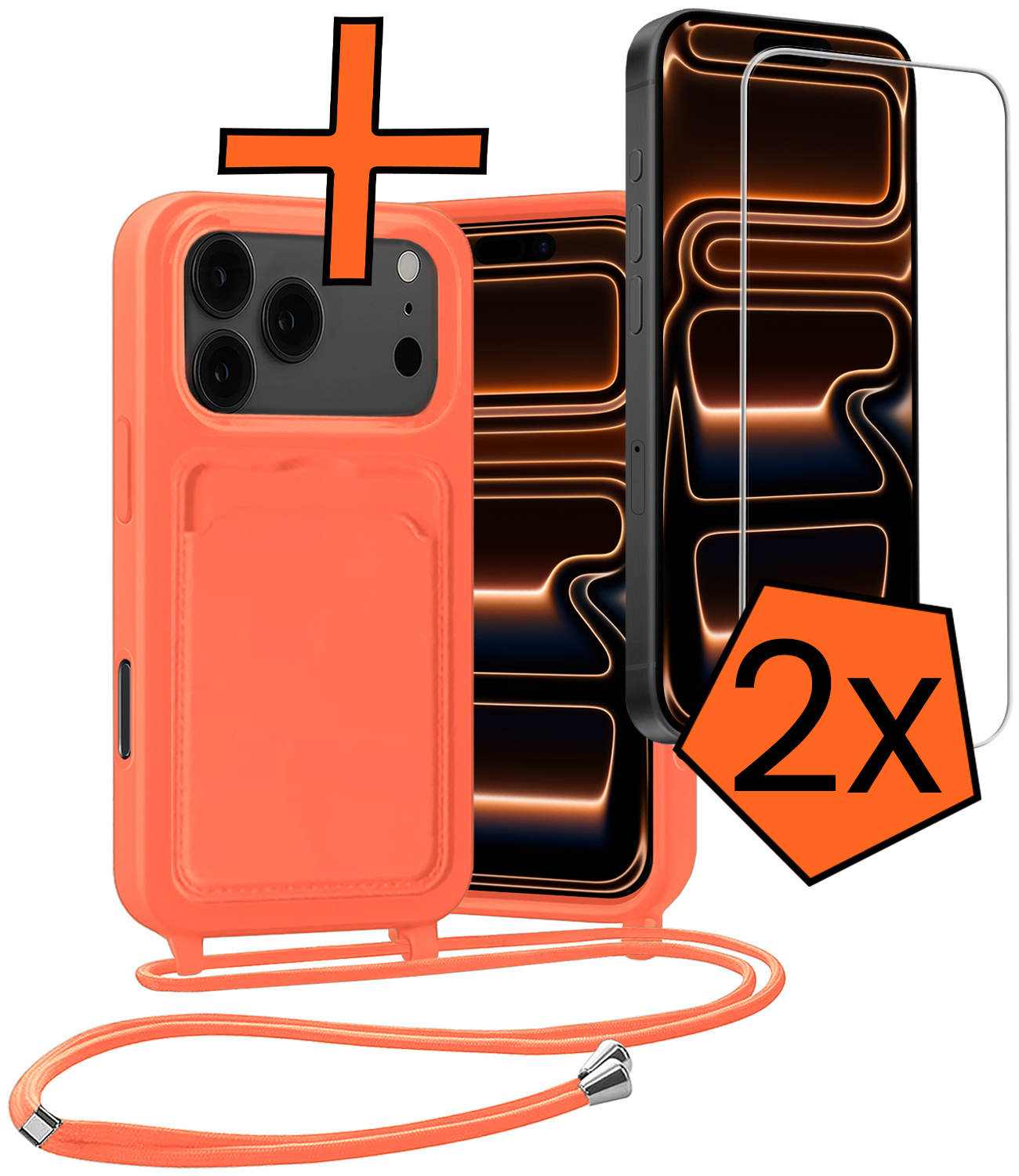 Nomfy Nomfy iPhone 17 Pro Hoesje Pashouder met Koord Met 2x Screenprotector - Papaya
