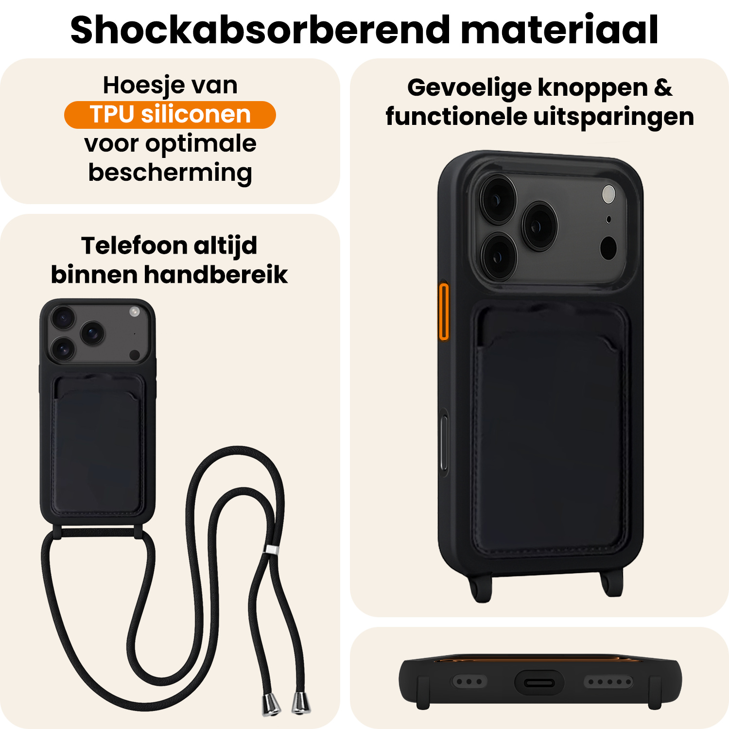 Nomfy Nomfy iPhone 17 Pro Hoesje Pashouder met Koord - Zwart - 2 PACK