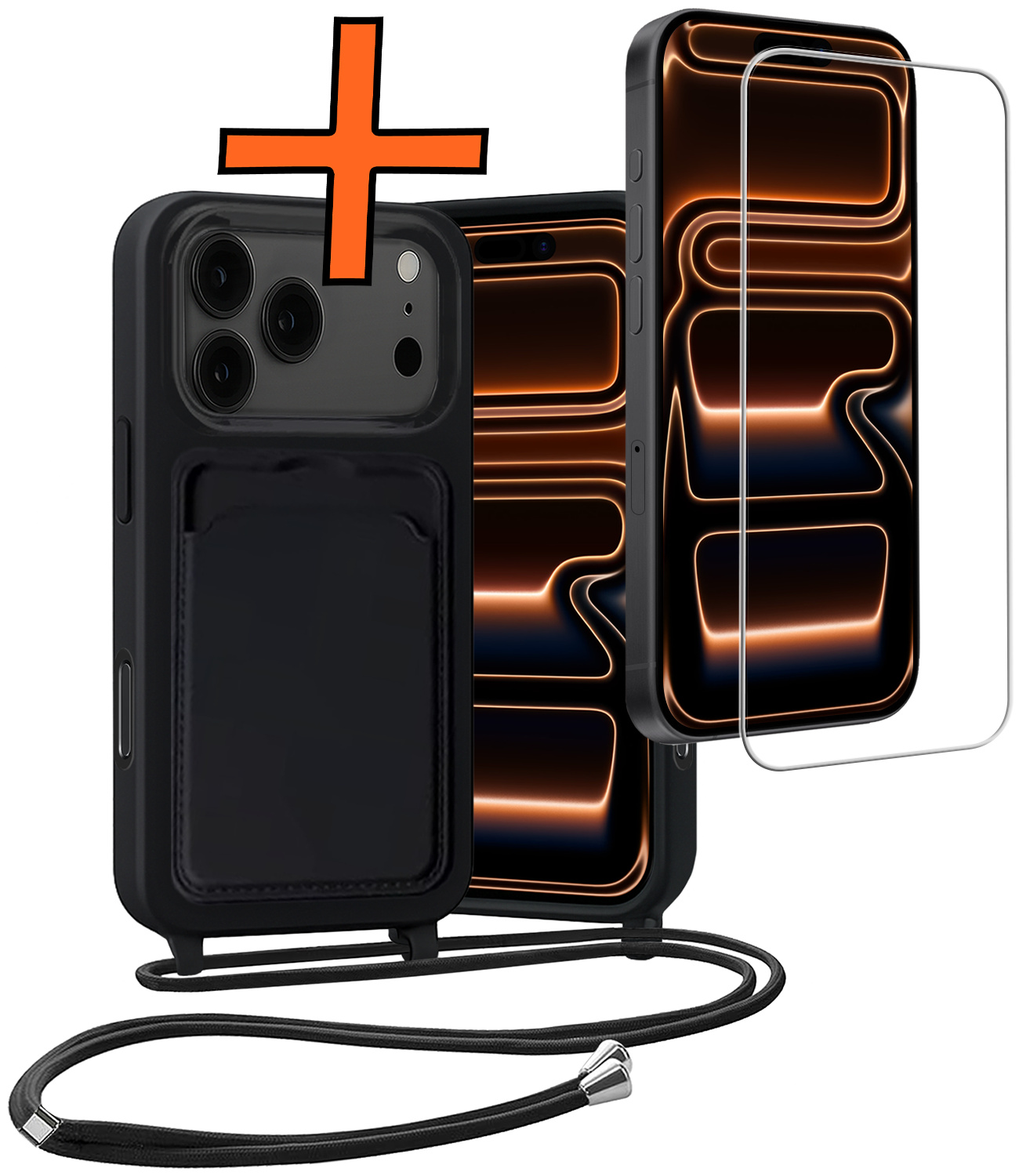 Nomfy Nomfy iPhone 17 Pro Hoesje Pashouder met Koord Met Screenprotector - Zwart