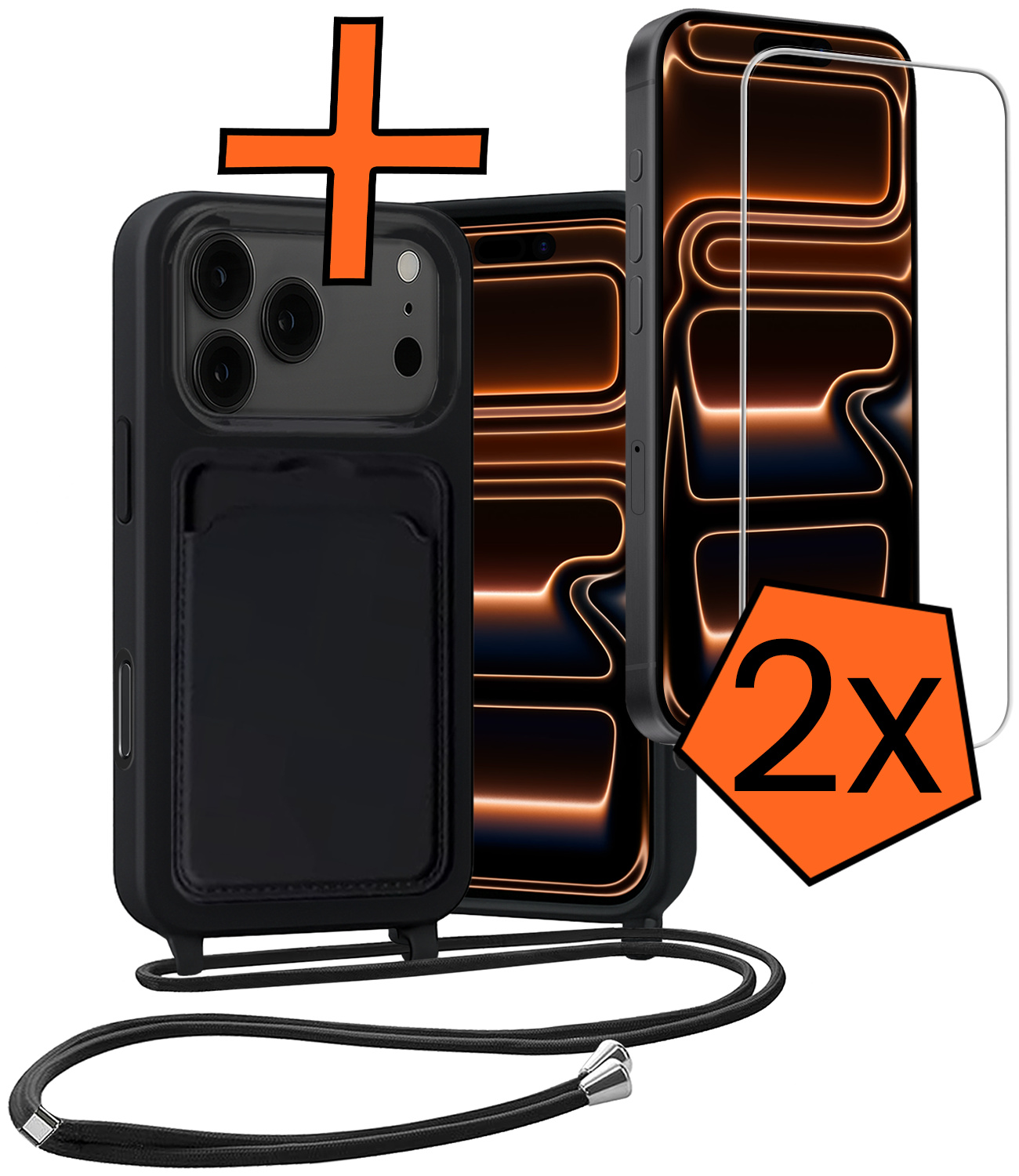 Nomfy Nomfy iPhone 17 Pro Hoesje Pashouder met Koord Met 2x Screenprotector - Zwart