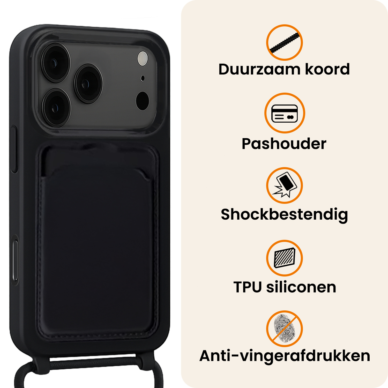 Nomfy Nomfy iPhone 17 Pro Hoesje Pashouder met Koord Met 2x Screenprotector - Zwart