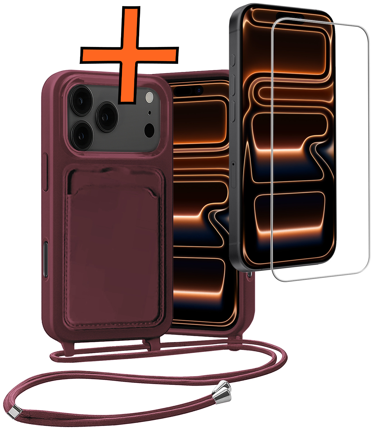 Nomfy Nomfy iPhone 17 Pro Max Hoesje Pashouder met Koord Met Screenprotector - Aubergine