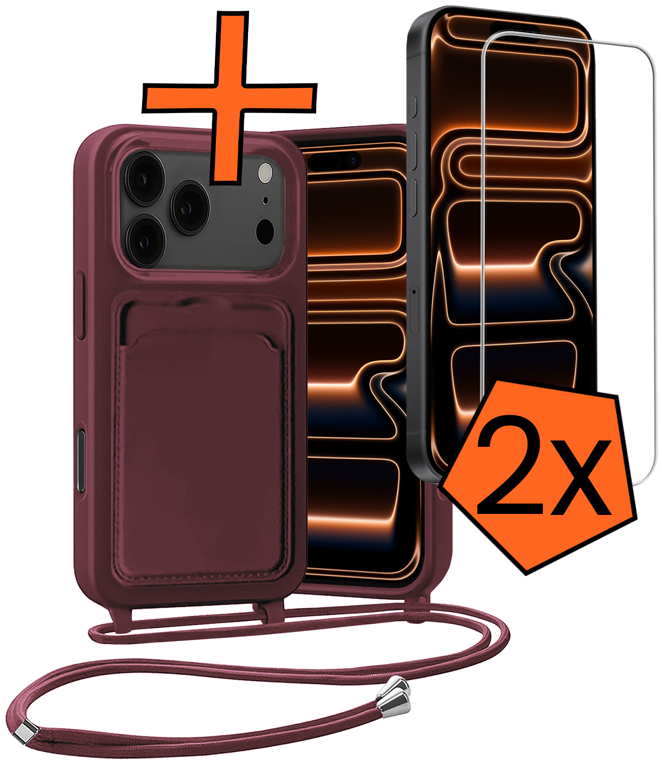 Nomfy Nomfy iPhone 17 Pro Max Hoesje Pashouder met Koord Met 2x Screenprotector - Aubergine