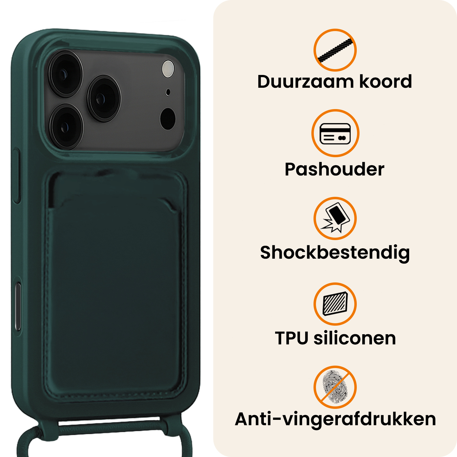 Nomfy Nomfy iPhone 17 Pro Max Hoesje Pashouder met Koord Met Screenprotector - Donkergroen