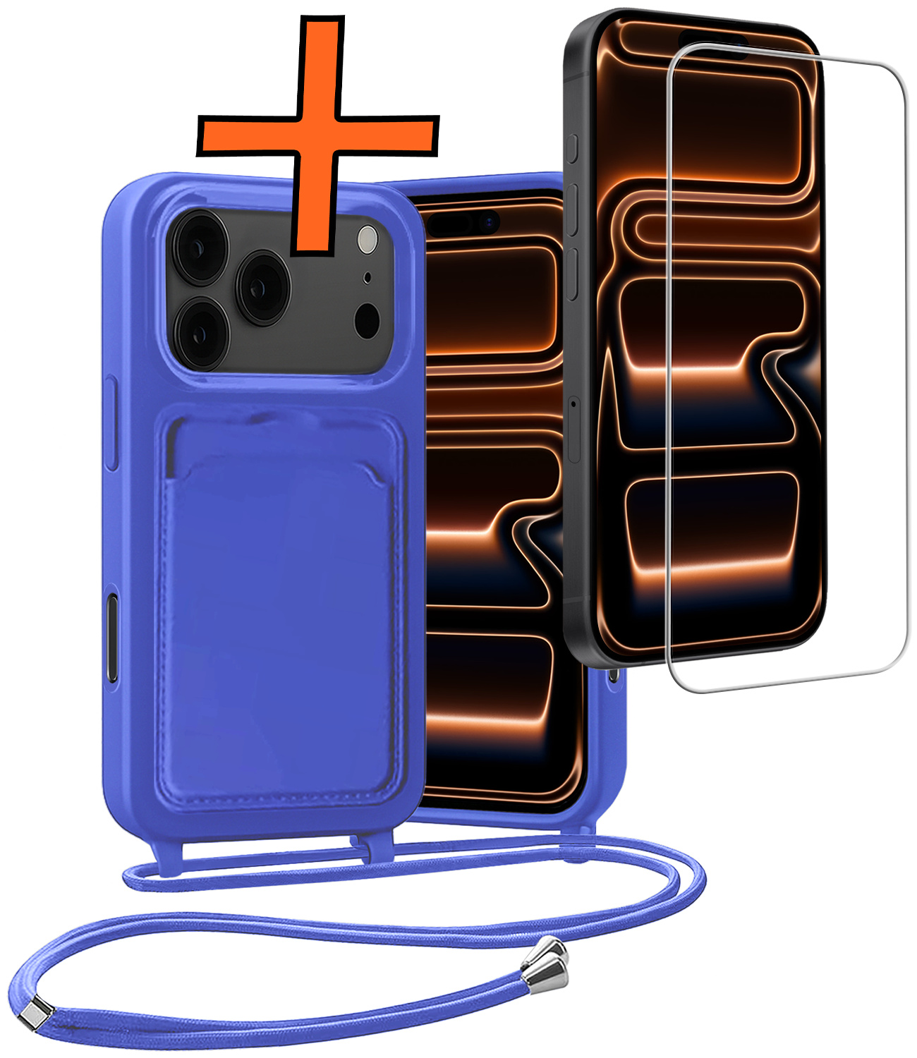 Nomfy Nomfy iPhone 17 Pro Max Hoesje Pashouder met Koord Met Screenprotector - Fel Blauw