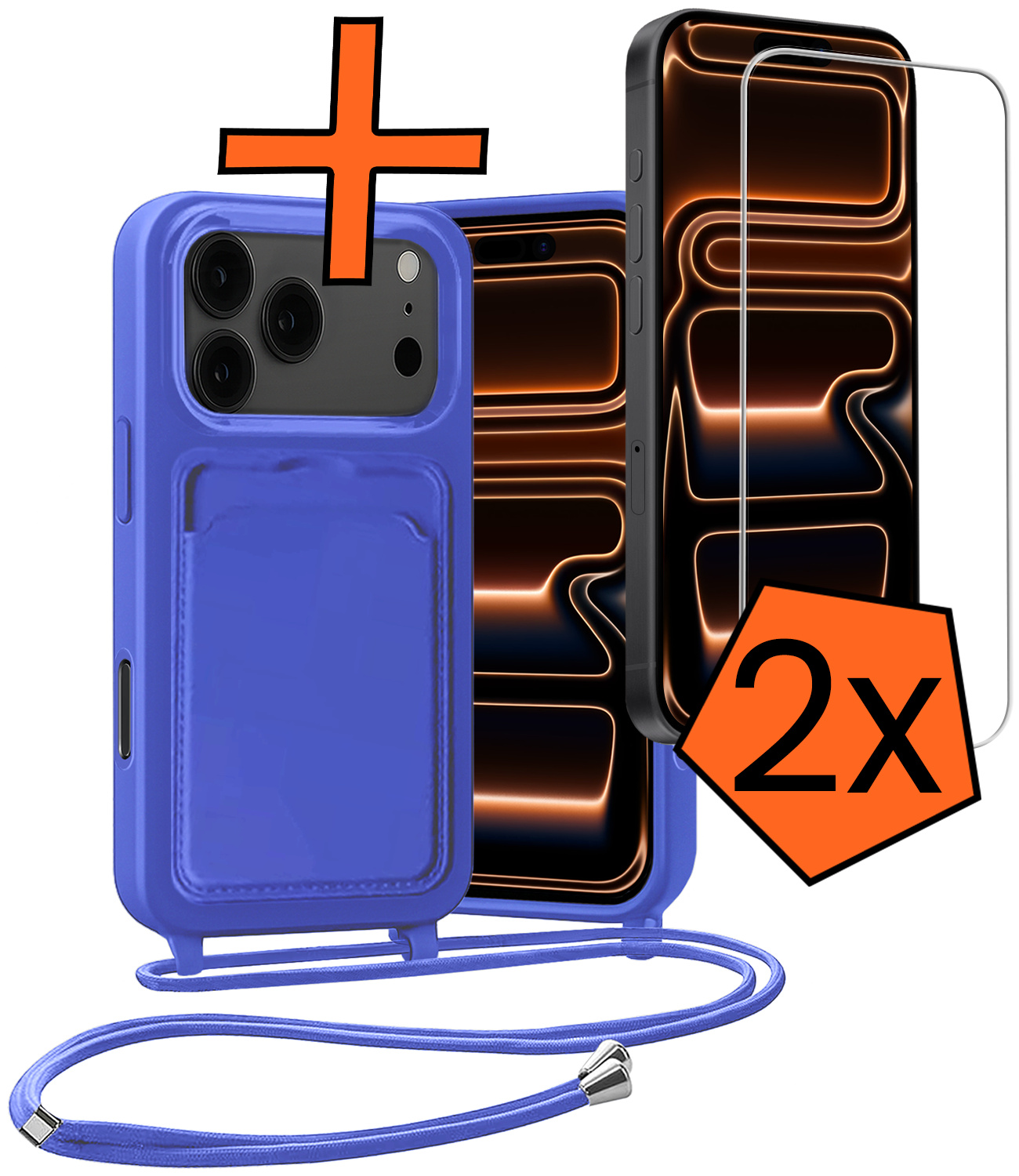 Nomfy Nomfy iPhone 17 Pro Max Hoesje Pashouder met Koord Met 2x Screenprotector - Fel Blauw