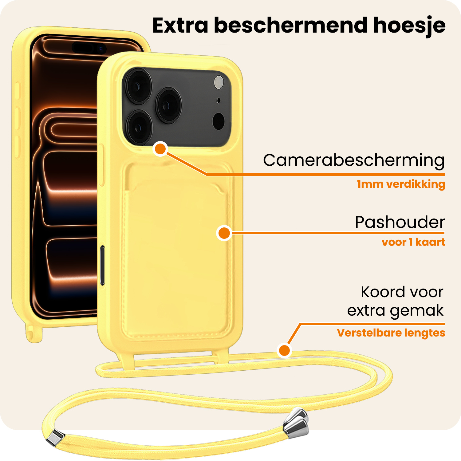 Nomfy Nomfy iPhone 17 Pro Max Hoesje Pashouder met Koord - Geel