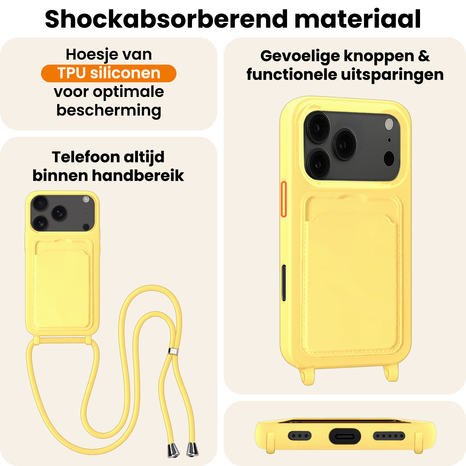 Nomfy Nomfy iPhone 17 Pro Max Hoesje Pashouder met Koord Met Screenprotector - Geel