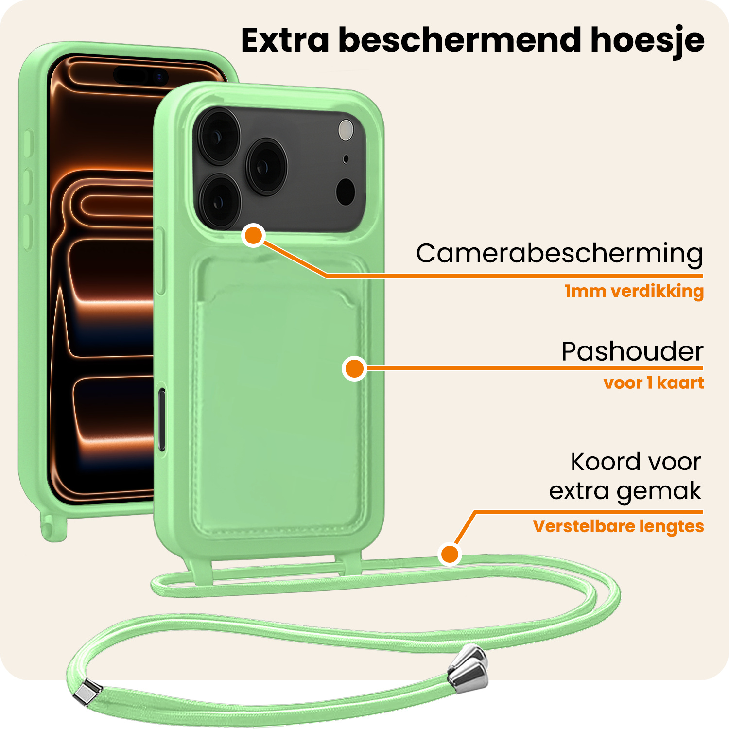 Nomfy Nomfy iPhone 17 Pro Max Hoesje Pashouder met Koord Met Screenprotector - Groen