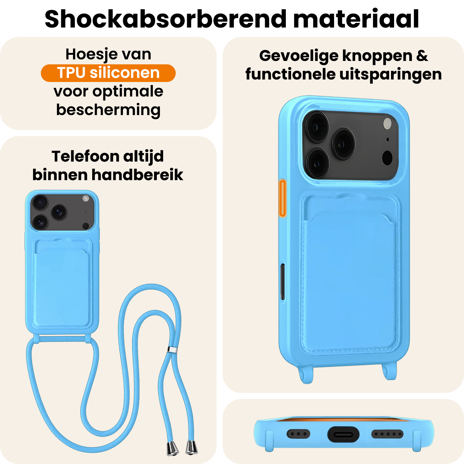 Nomfy Nomfy iPhone 17 Pro Max Hoesje Pashouder met Koord Met Screenprotector - Lichtblauw