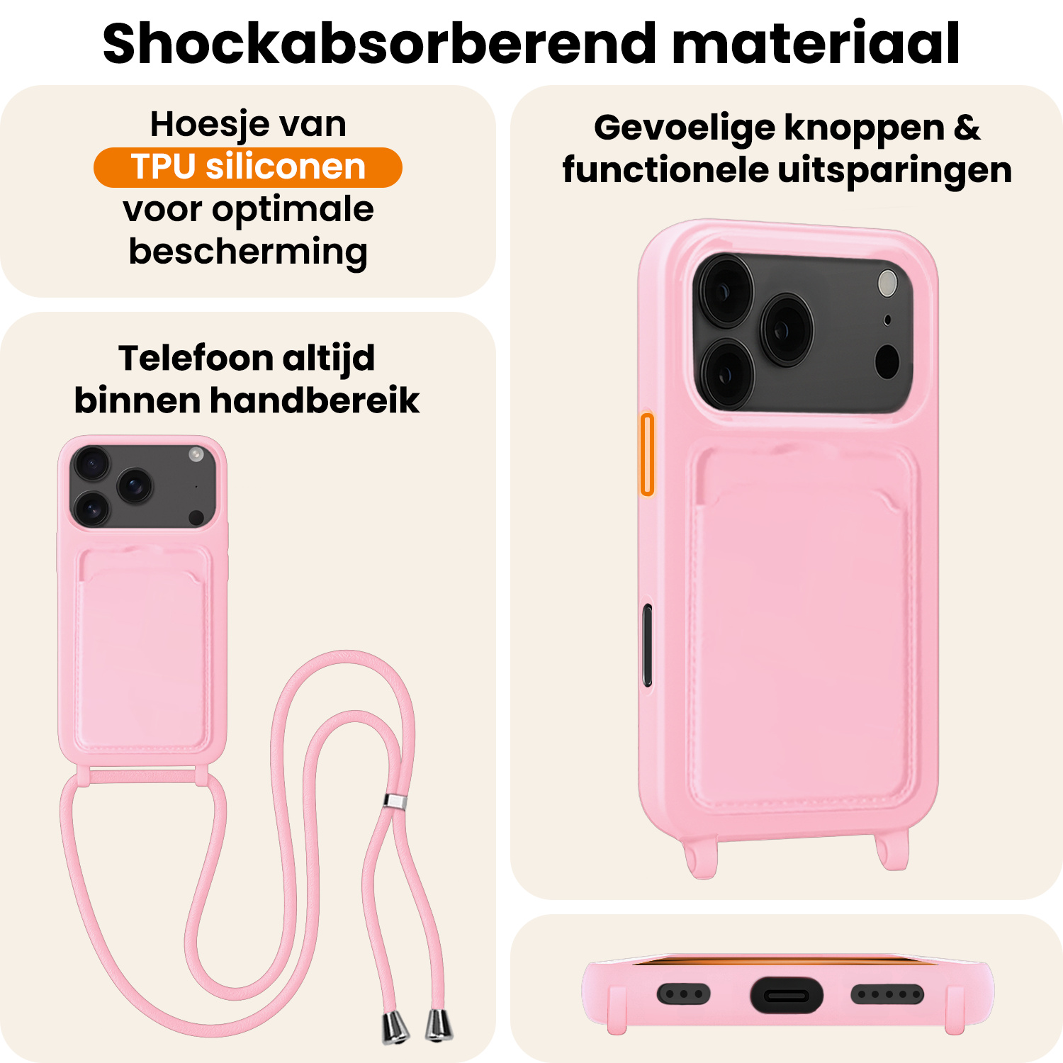 Nomfy Nomfy iPhone 17 Pro Max Hoesje Pashouder met Koord - Lichtroze