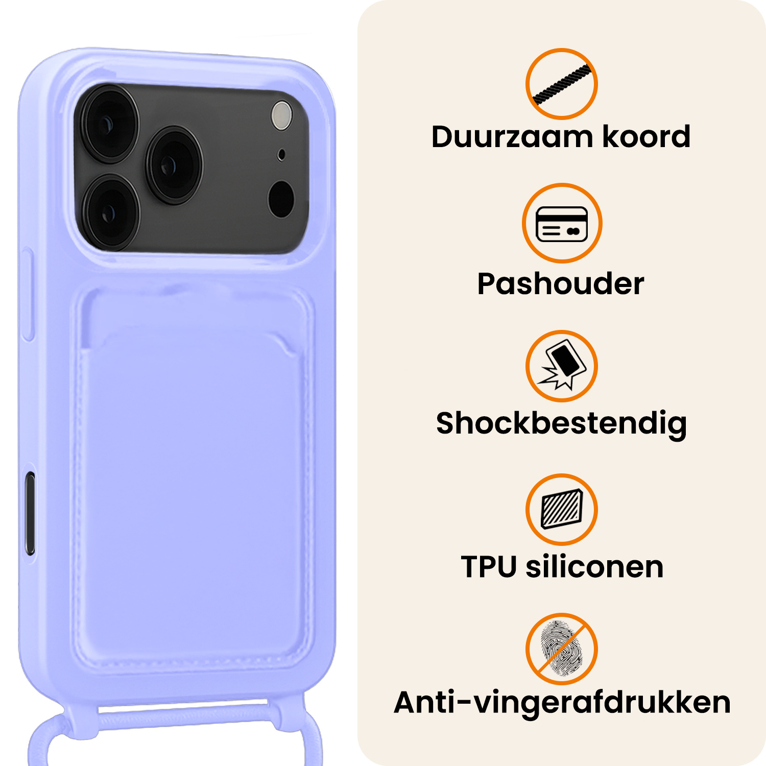 Nomfy Nomfy iPhone 17 Pro Max Hoesje Pashouder met Koord Met 2x Screenprotector - Lila