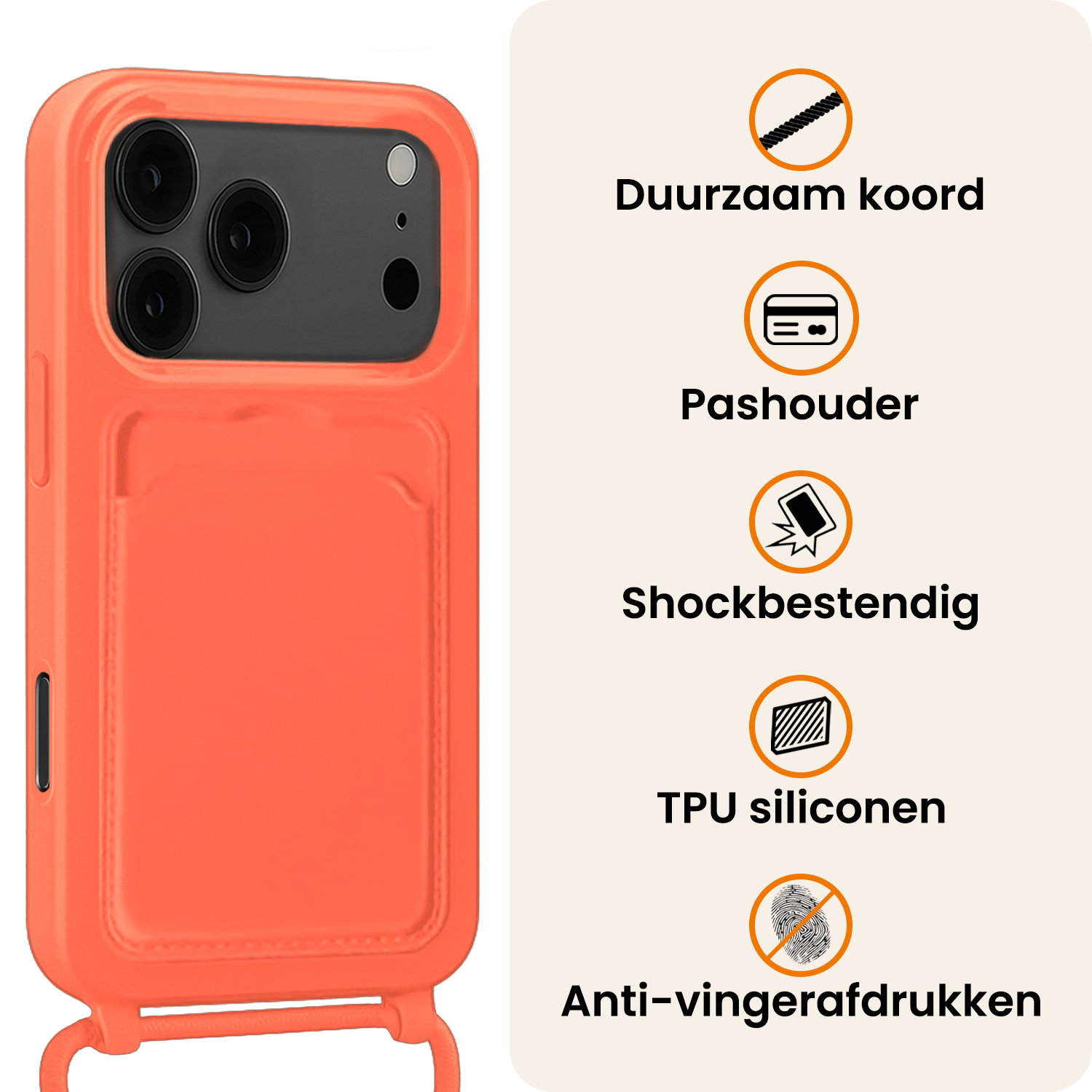 Nomfy Nomfy iPhone 17 Pro Max Hoesje Pashouder met Koord - Papaya - 2 PACK