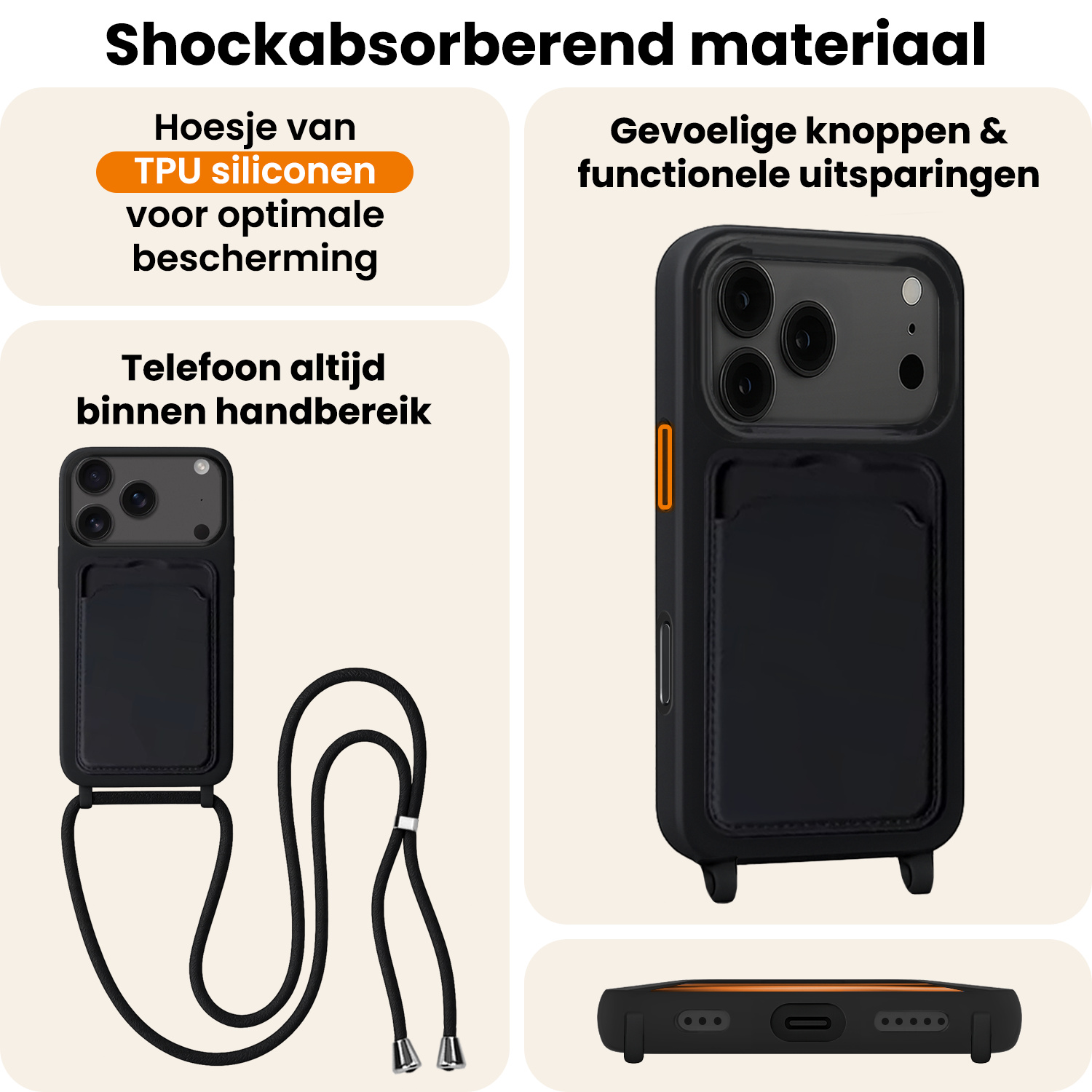 Nomfy Nomfy iPhone 17 Pro Max Hoesje Pashouder met Koord Met 2x Screenprotector - Zwart