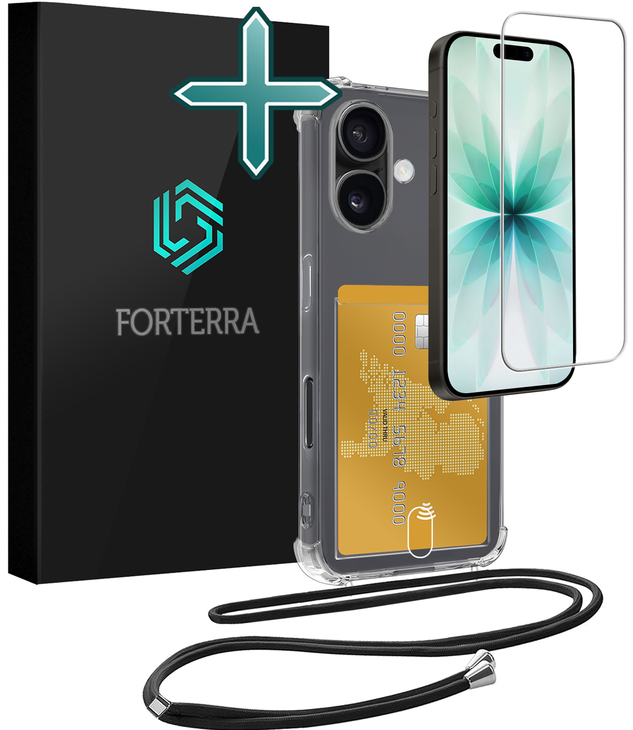Forterra Forterra iPhone 17 Hoesje Pashouder met Koord Met Screenprotector