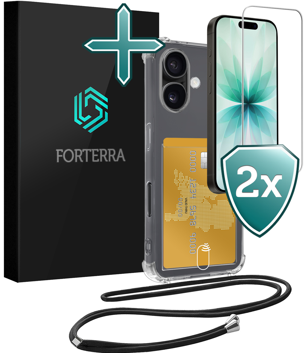 Forterra Forterra iPhone 17 Hoesje Pashouder met Koord Met 2x Screenprotector