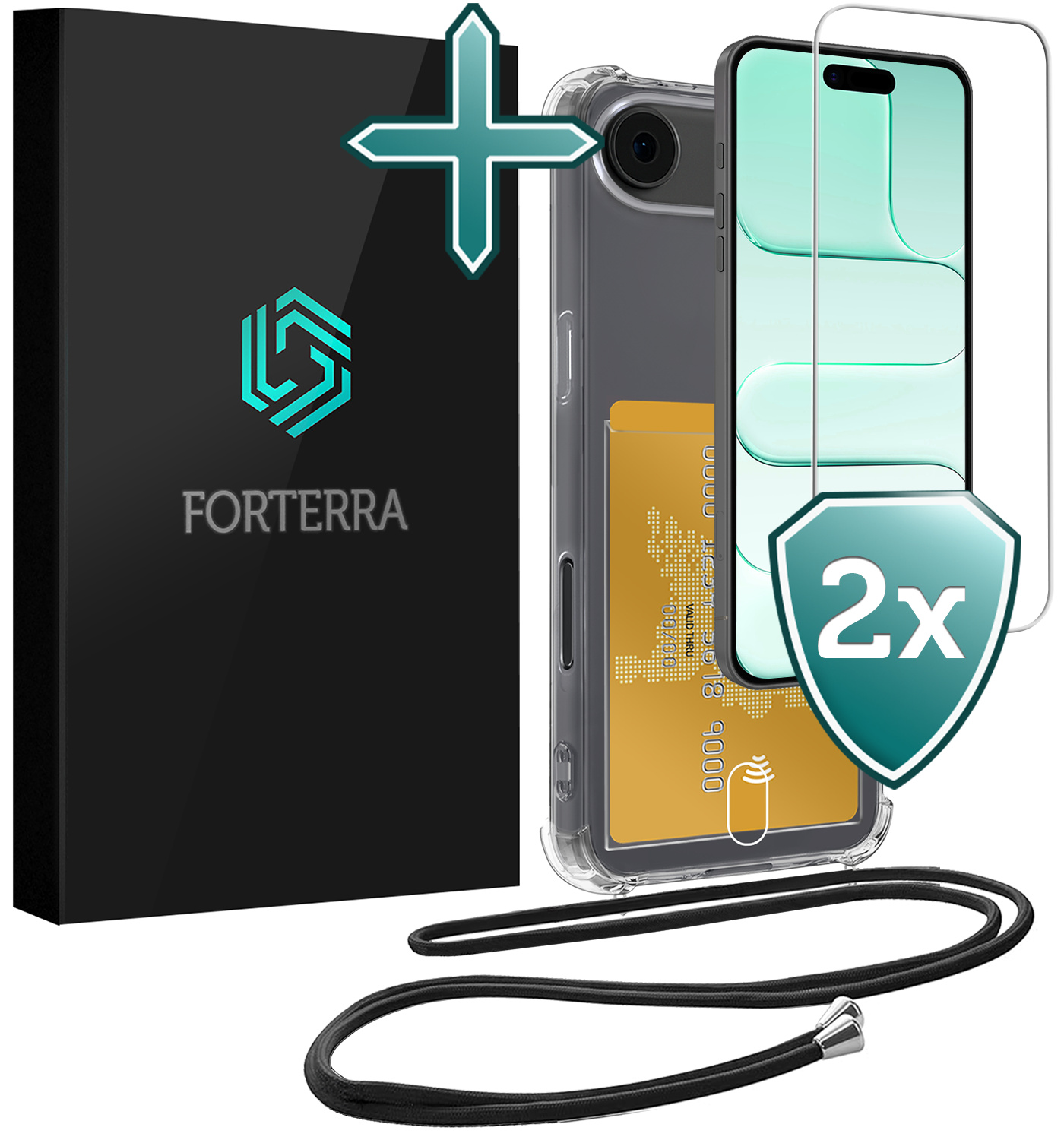 Forterra Forterra iPhone Air Hoesje Pashouder met Koord Met 2x Screenprotector