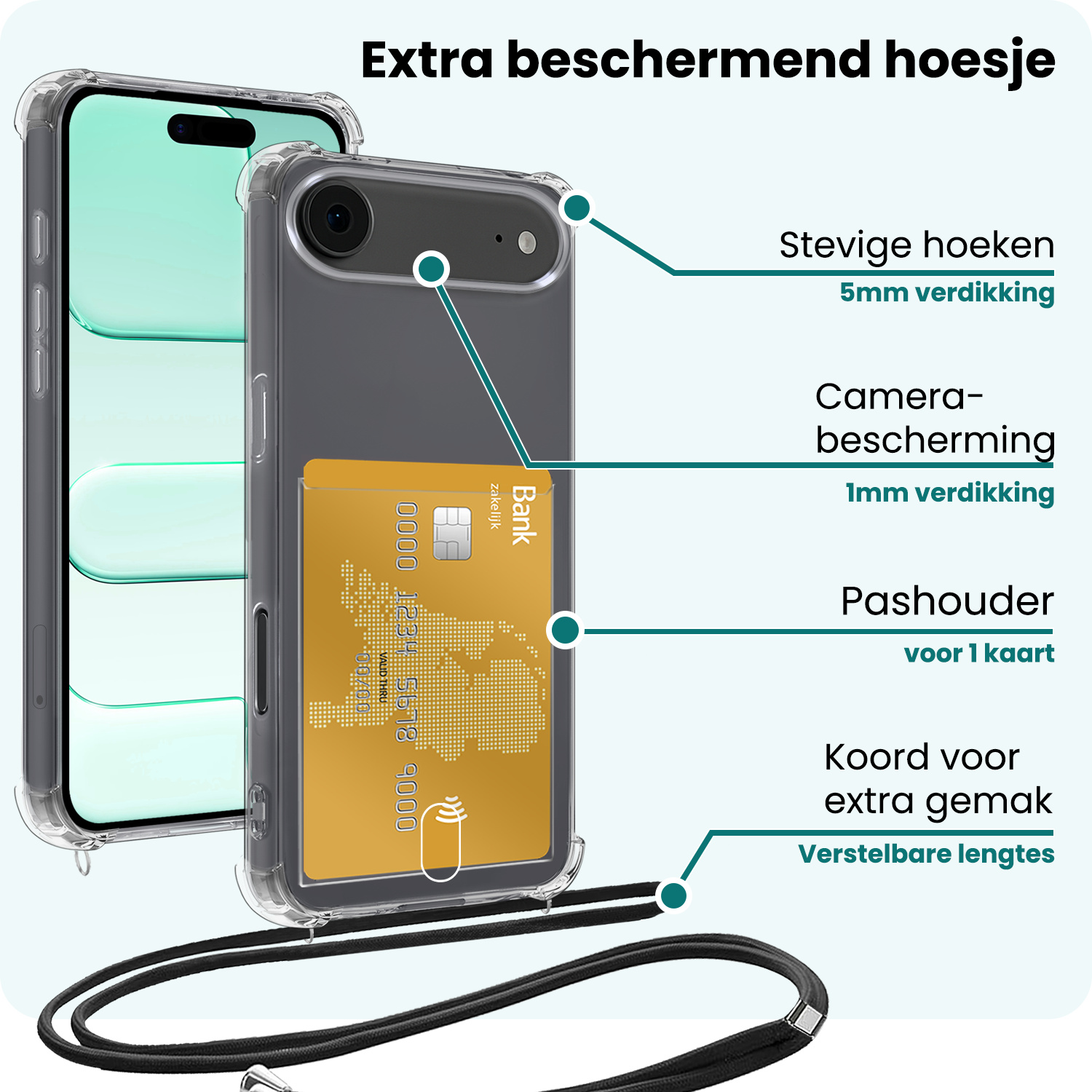 Forterra Forterra iPhone Air Hoesje Pashouder met Koord Met 2x Screenprotector