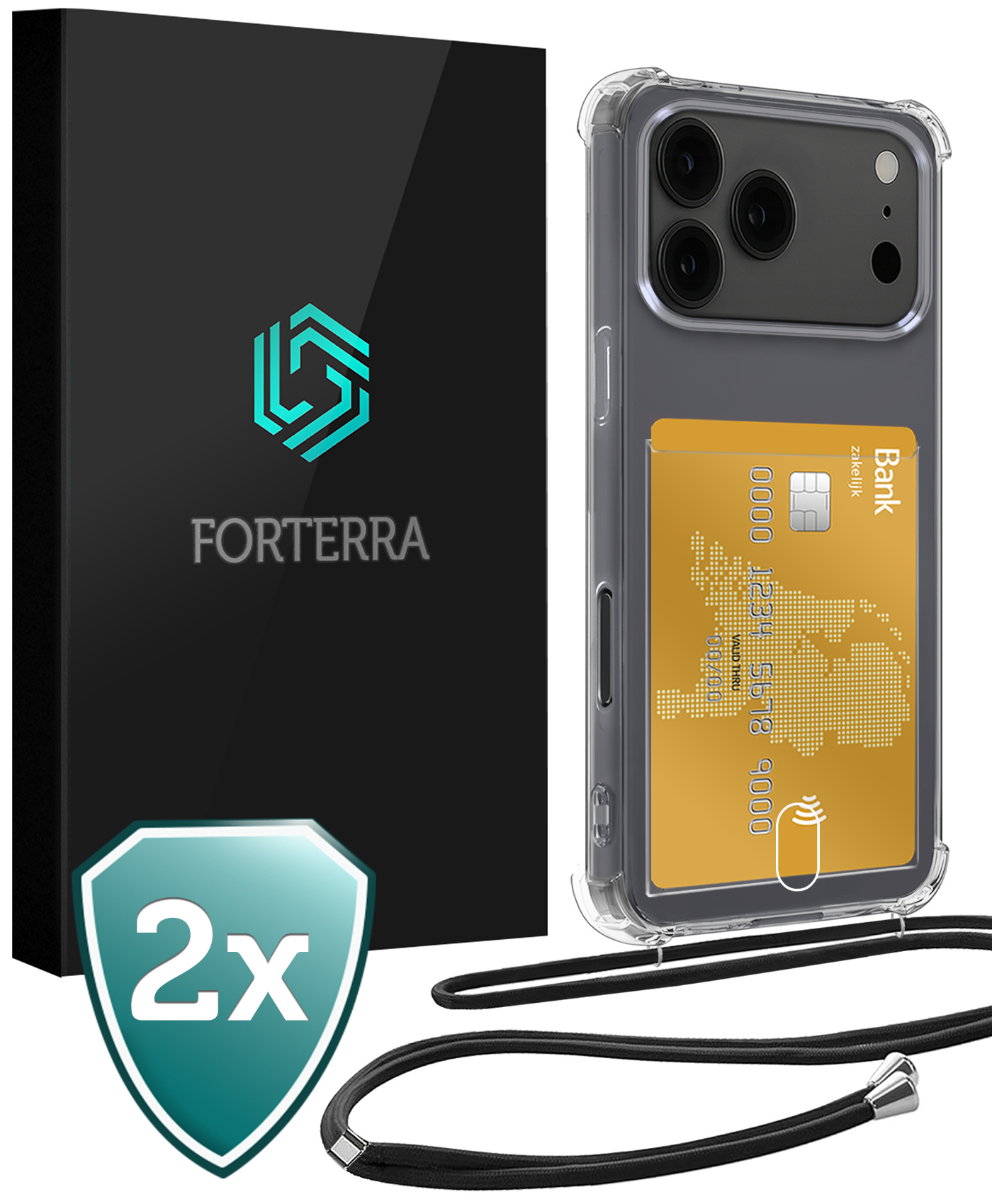 Forterra Forterra iPhone 17 Pro Hoesje Pashouder met Koord - 2 PACK