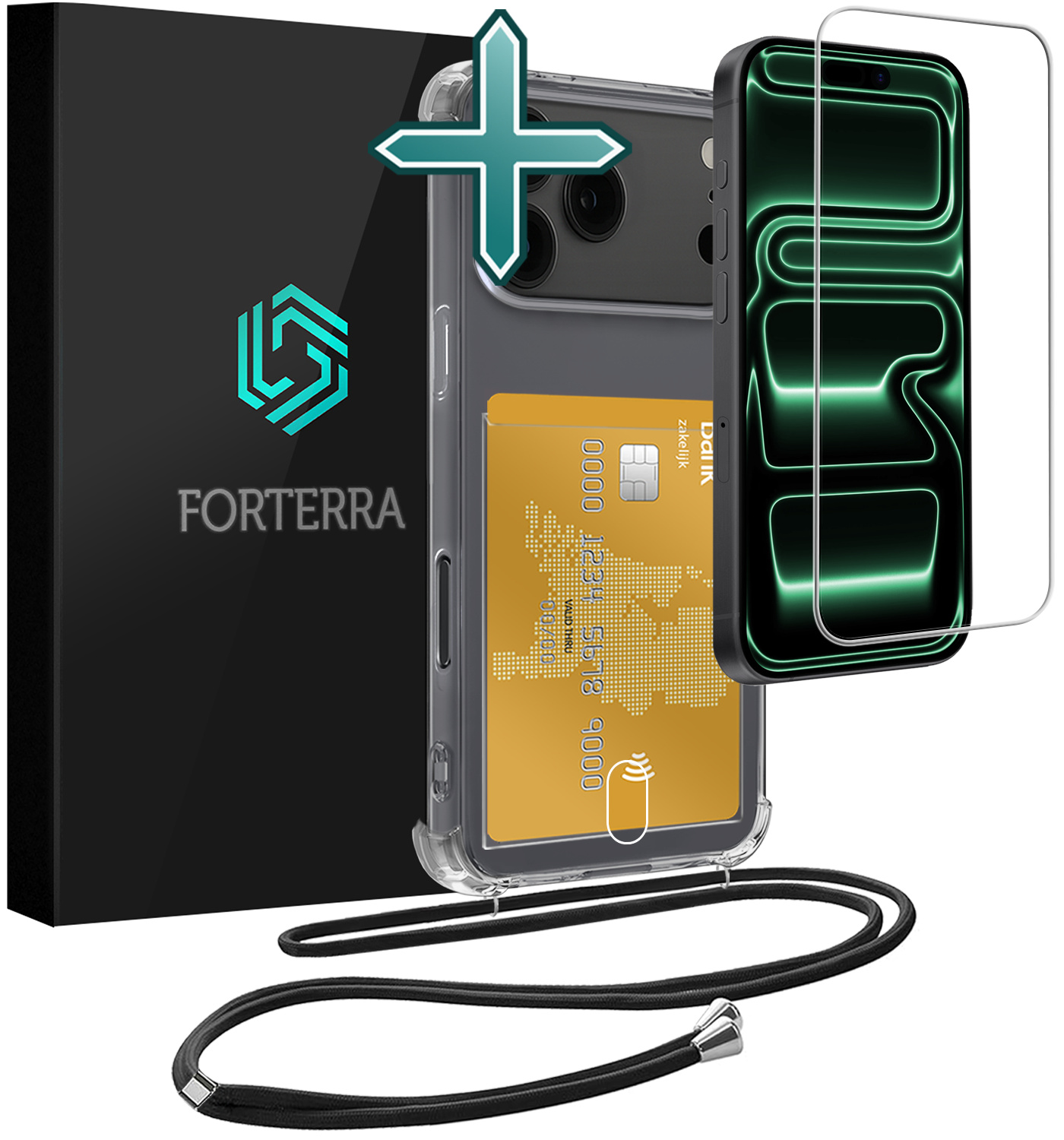 Forterra Forterra iPhone 17 Pro Hoesje Pashouder met Koord Met Screenprotector
