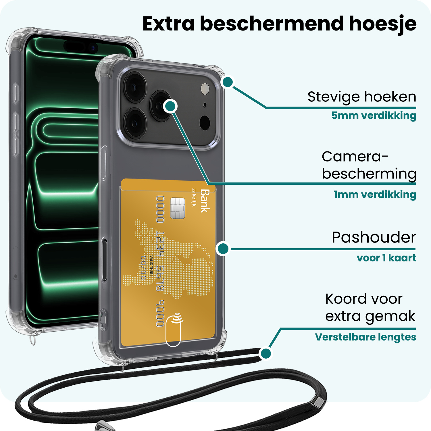 Forterra Forterra iPhone 17 Pro Hoesje Pashouder met Koord Met Screenprotector
