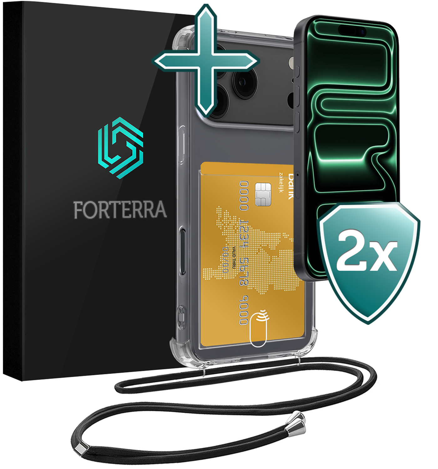 Forterra Forterra iPhone 17 Pro Max Hoesje Pashouder met Koord Met 2x Screenprotector