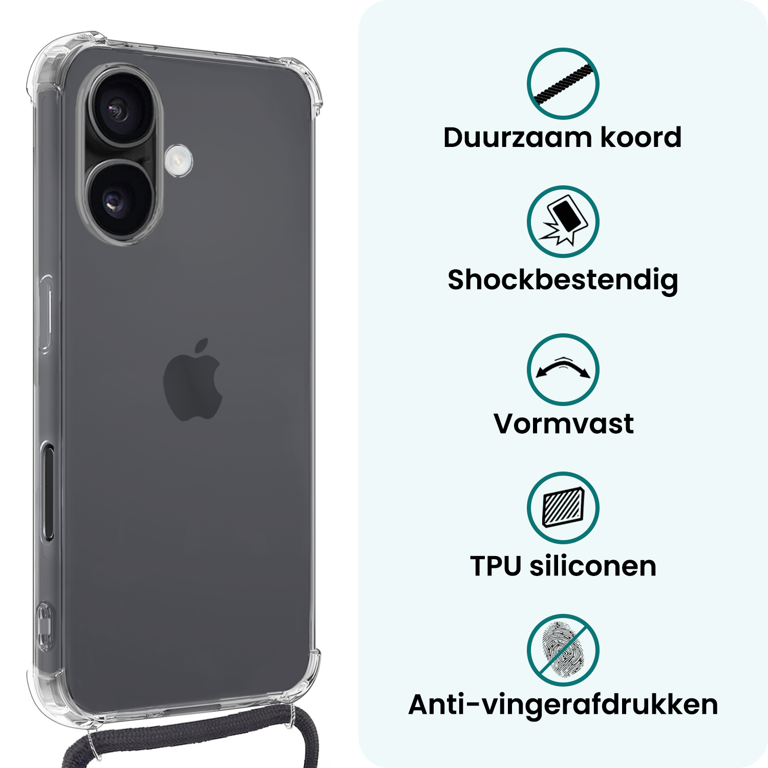 Forterra Forterra iPhone 17 Hoesje Transparant Shockproof Met Zwart Koord