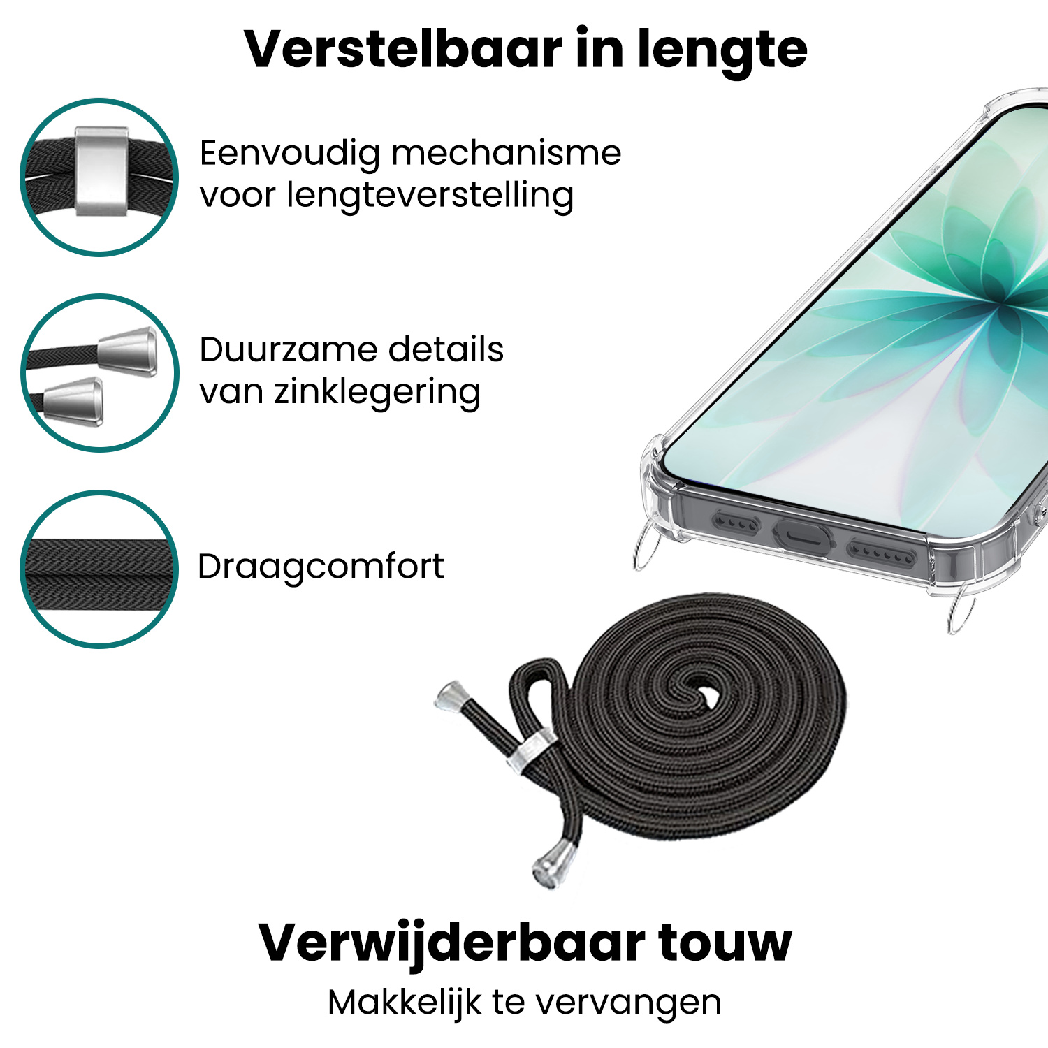 Forterra Forterra iPhone 17 Hoesje Transparant Shockproof Met Zwart Koord