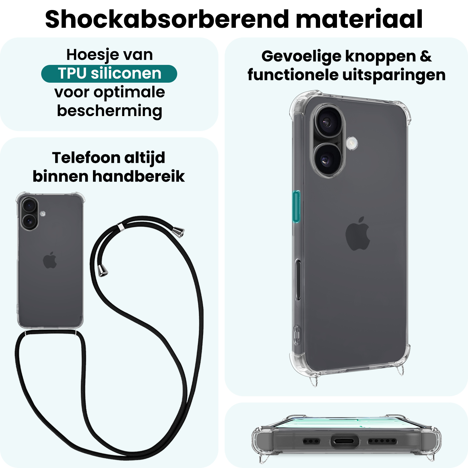 Forterra Forterra iPhone 17 Hoesje Transparant Shockproof Met Zwart Koord
