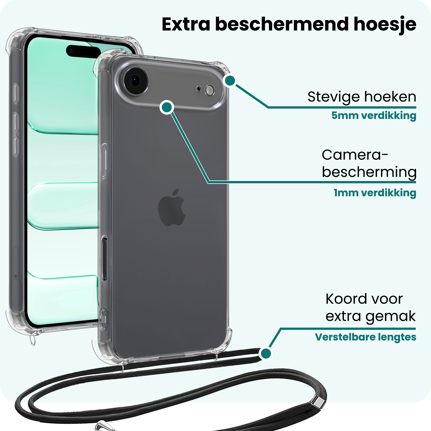 Forterra Forterra iPhone Air Hoesje Transparant Shockproof Met Zwart Koord