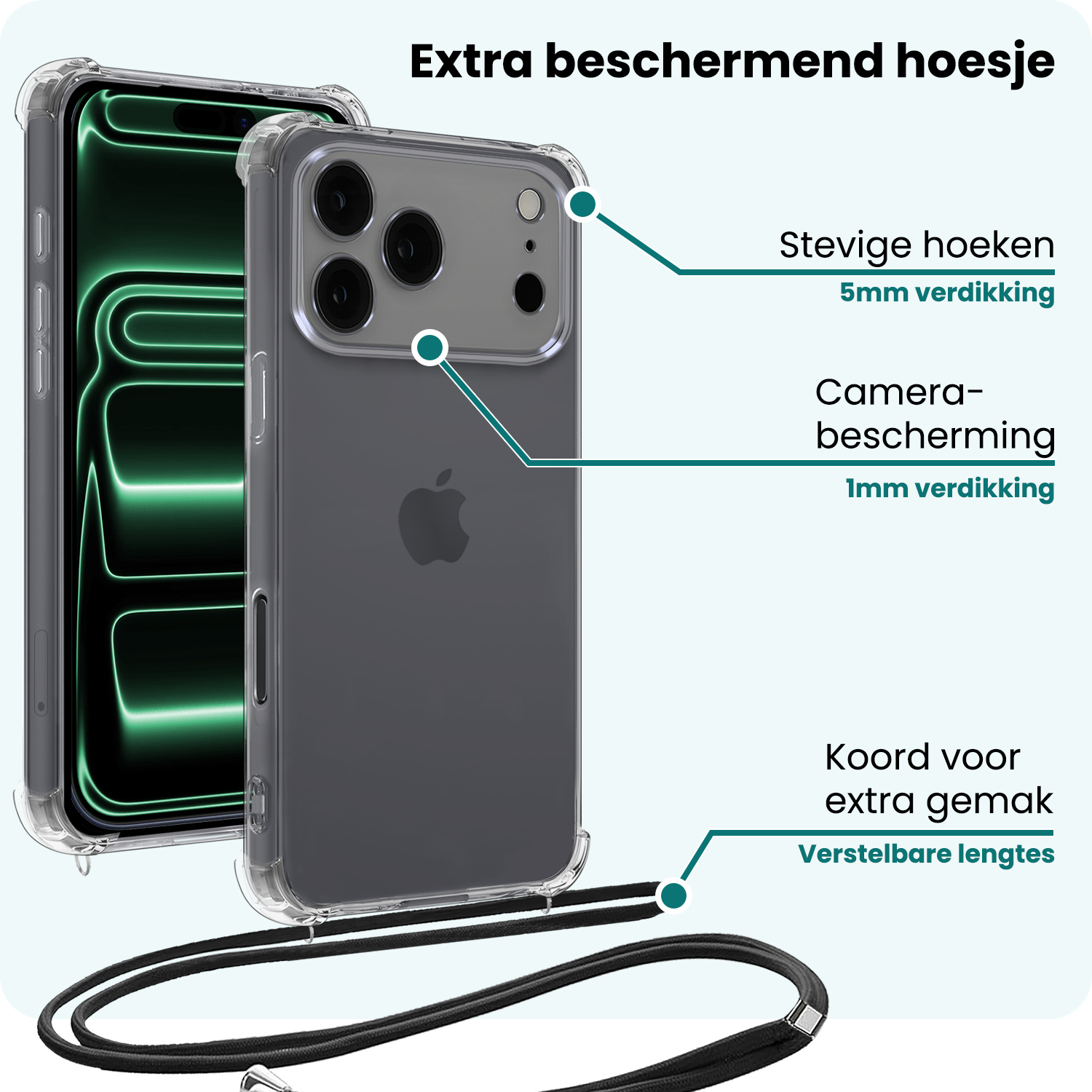 Forterra Forterra iPhone 17 Pro Hoesje Transparant Shockproof Met Zwart Koord