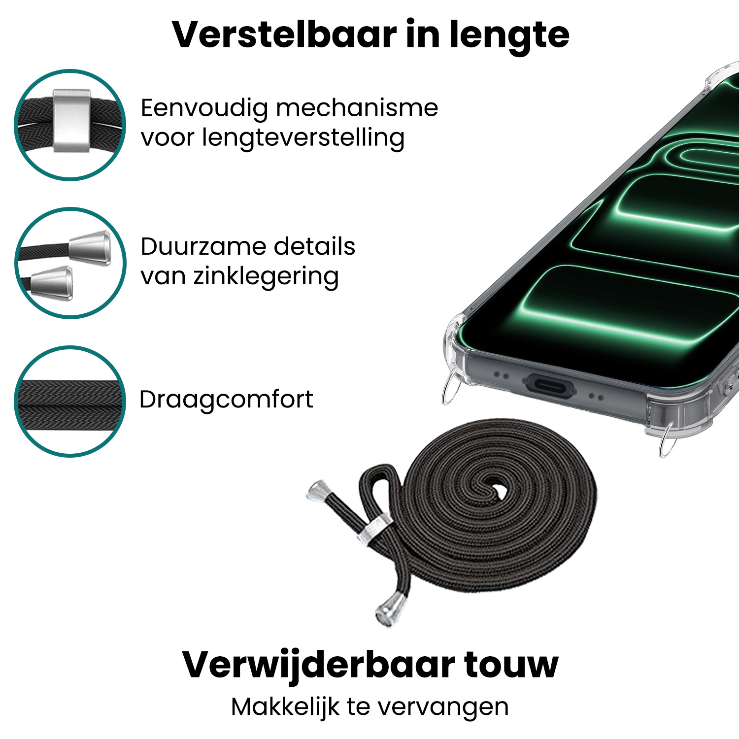 Forterra Forterra iPhone 17 Pro Hoesje Transparant Shockproof Met Zwart Koord