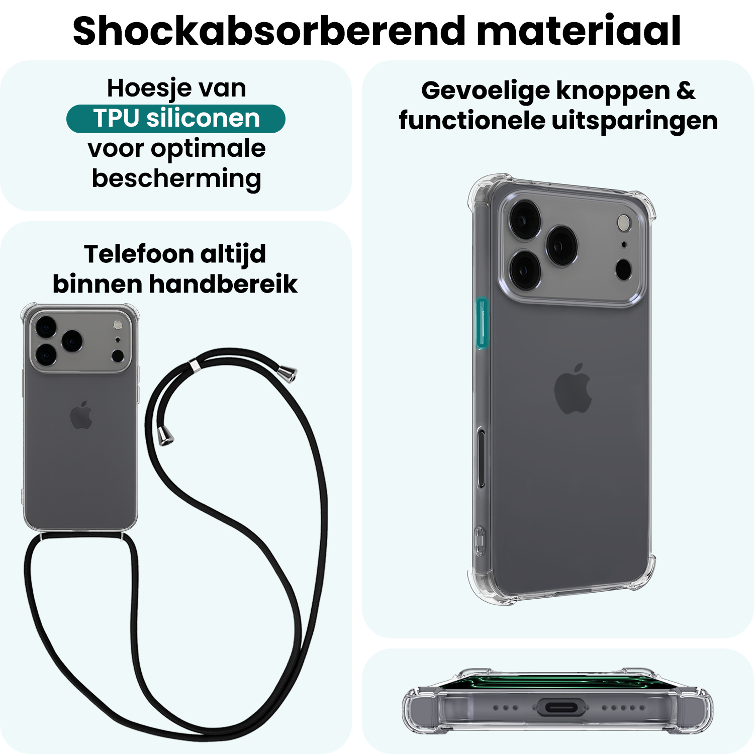 Forterra Forterra iPhone 17 Pro Hoesje Transparant Shockproof Met Zwart Koord