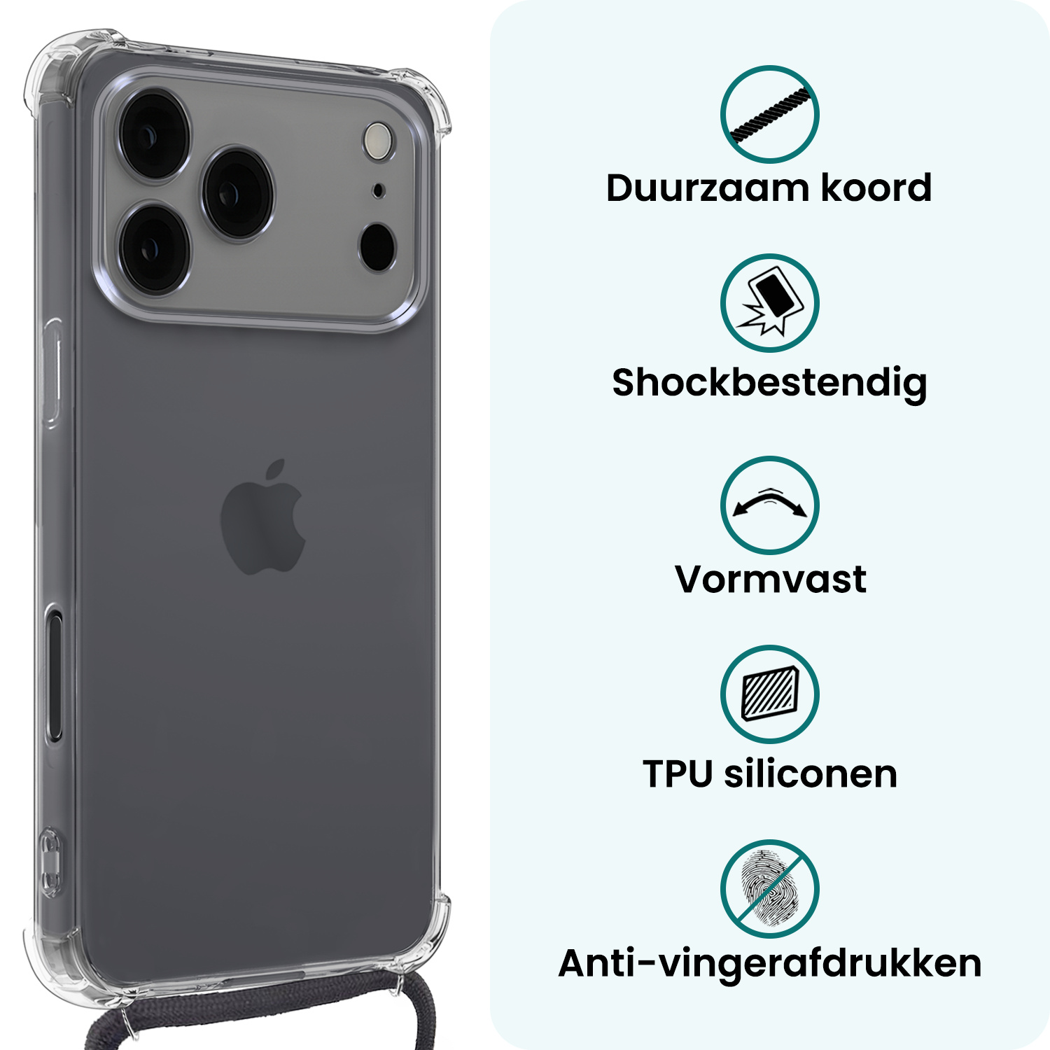 Forterra Forterra iPhone 17 Pro Max Hoesje Transparant Shockproof Met Zwart Koord